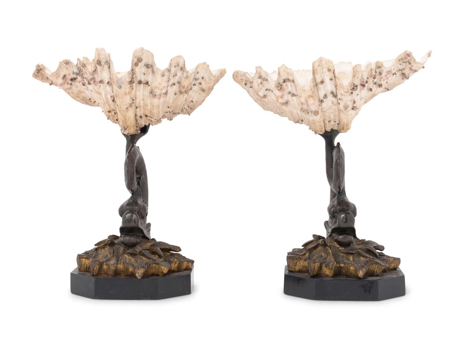A Pair of Continental Bronze and Shell Table Ornaments