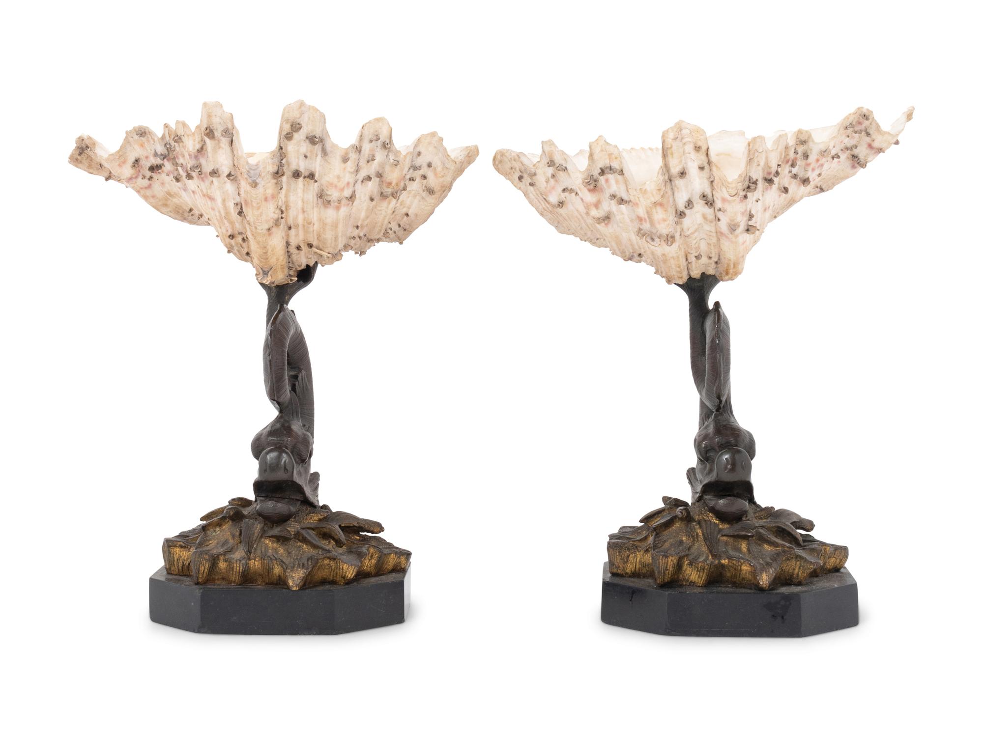 A Pair of Continental Bronze and Shell Table Ornaments