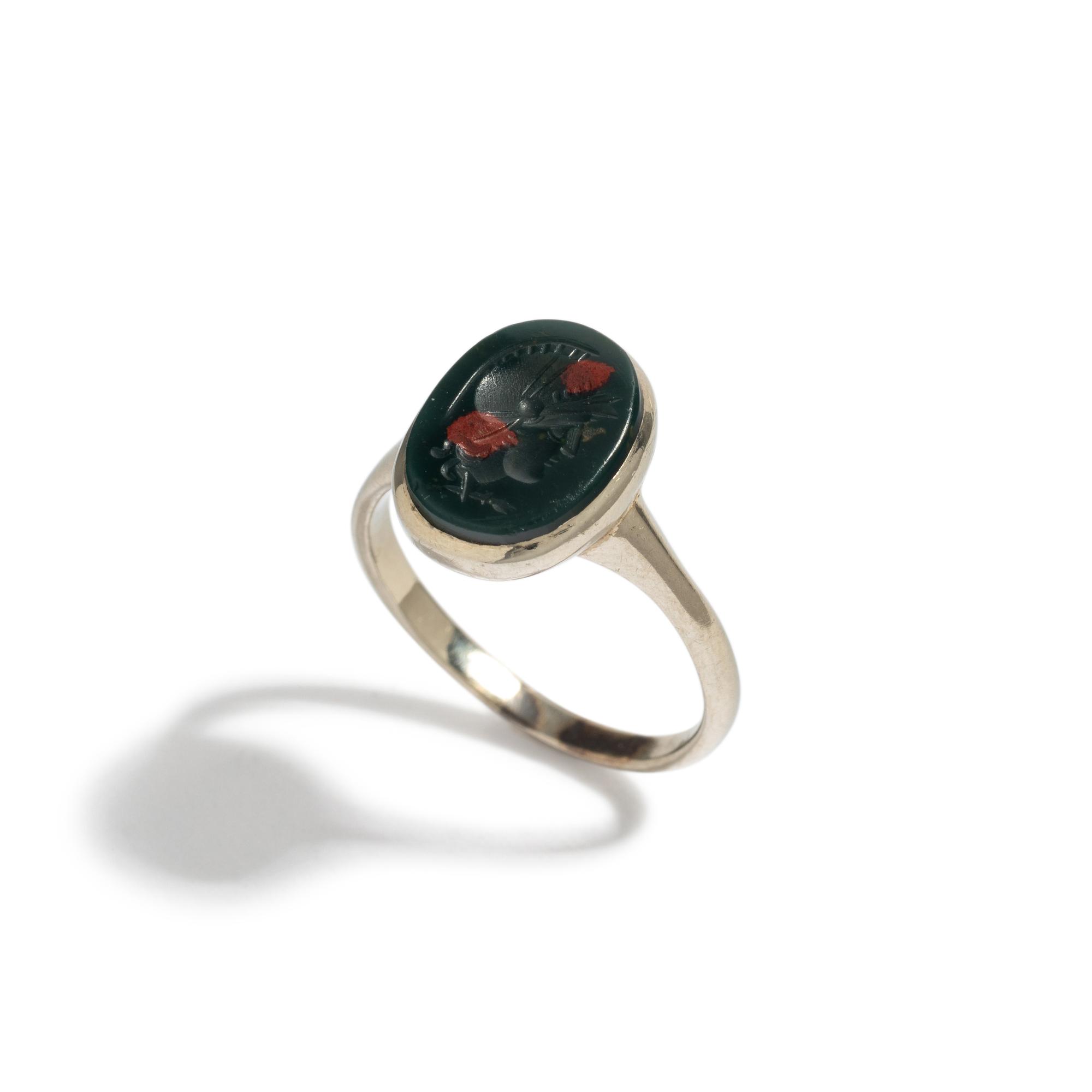A Roman Bloodstone Ring Stone with a Head of the Goddess Minerva — Set in a silver ring