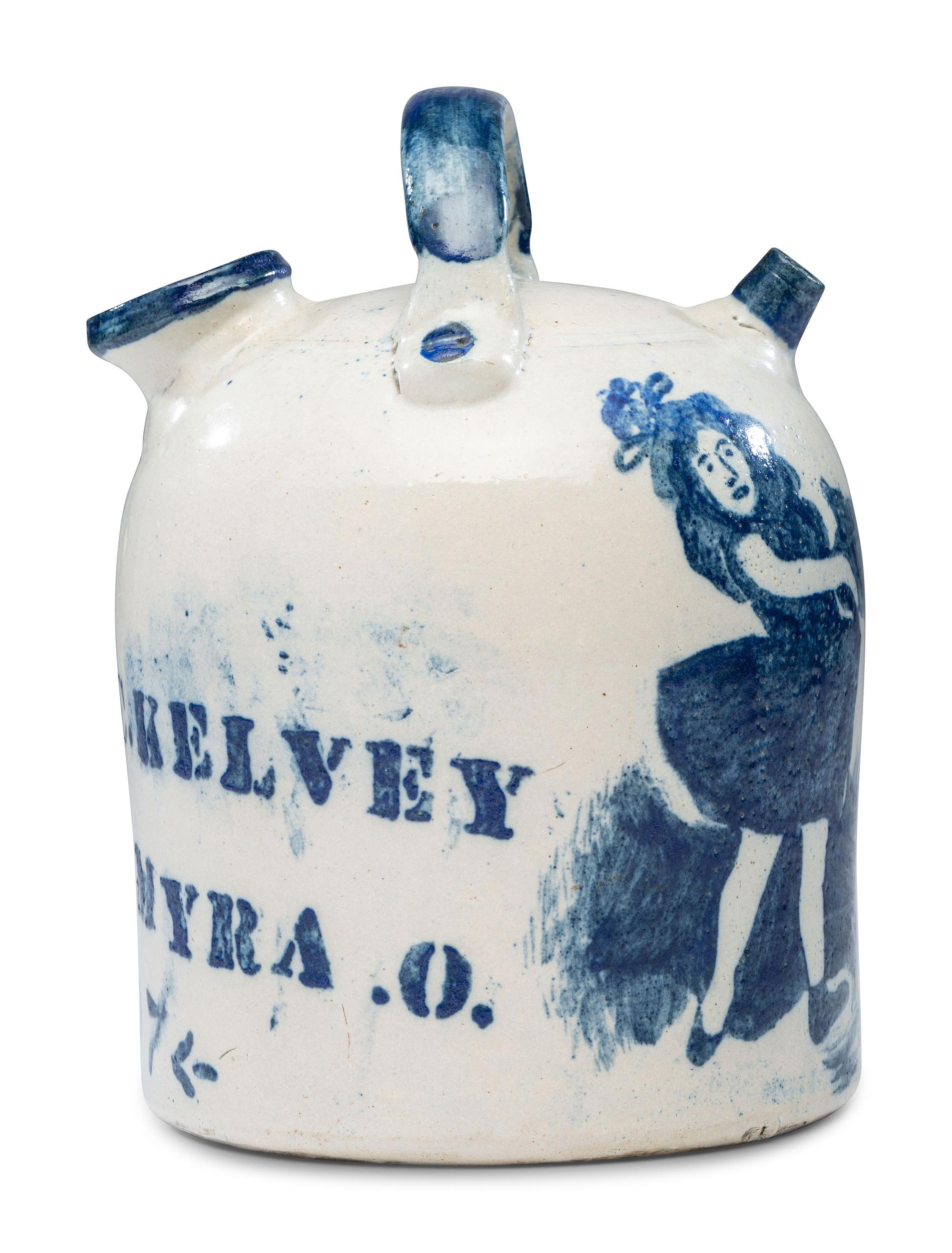 A Dustman Cobalt Decorated 'Dancing Girl' Harvest Jug