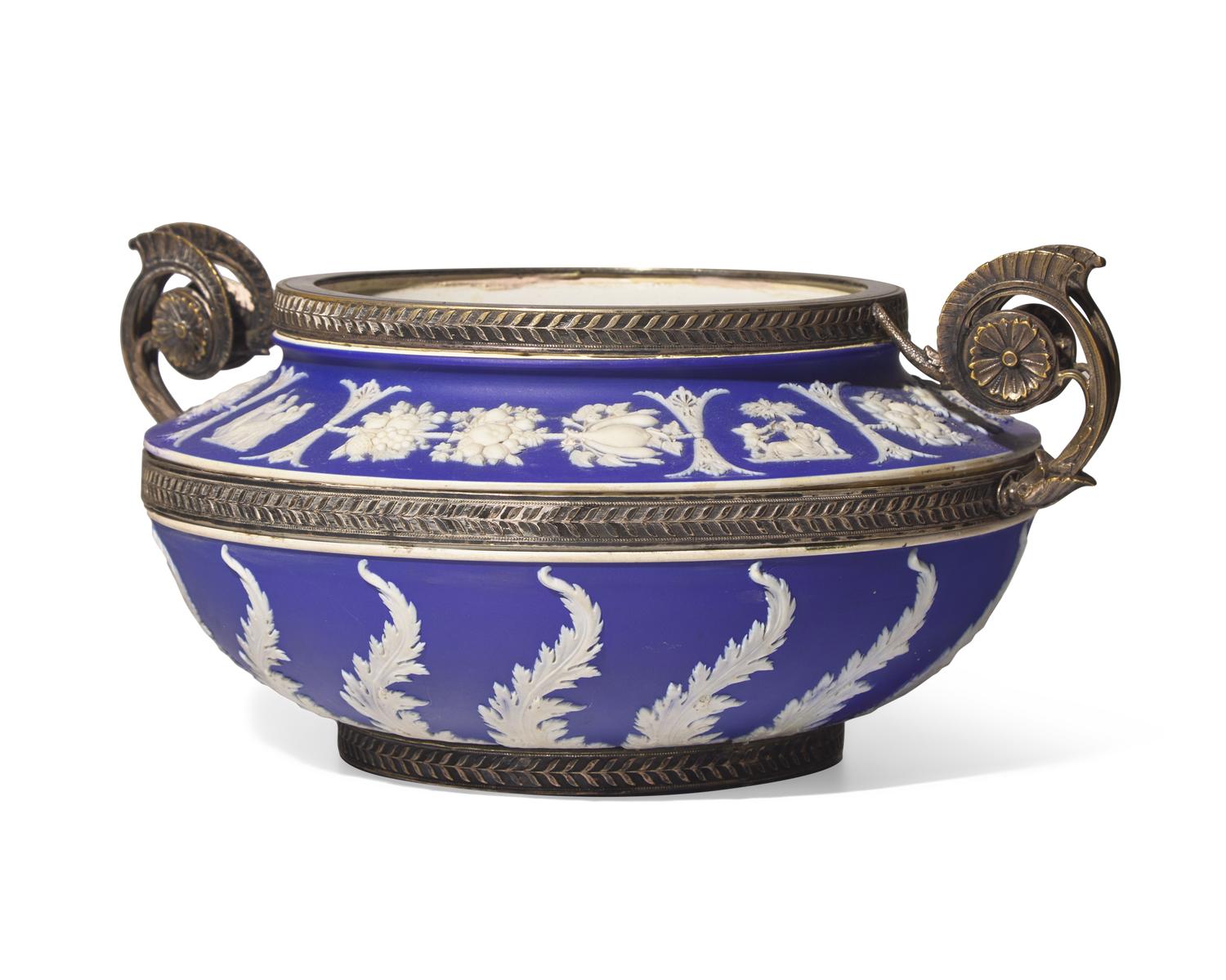 A Wedgwood Dark Blue and White Jasperware Twin-Handled Silver-Mounted Centerpiece Bowl