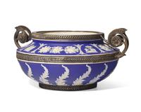 A Wedgwood Dark Blue and White Jasperware Twin-Handled Silver-Mounted Centerpiece Bowl