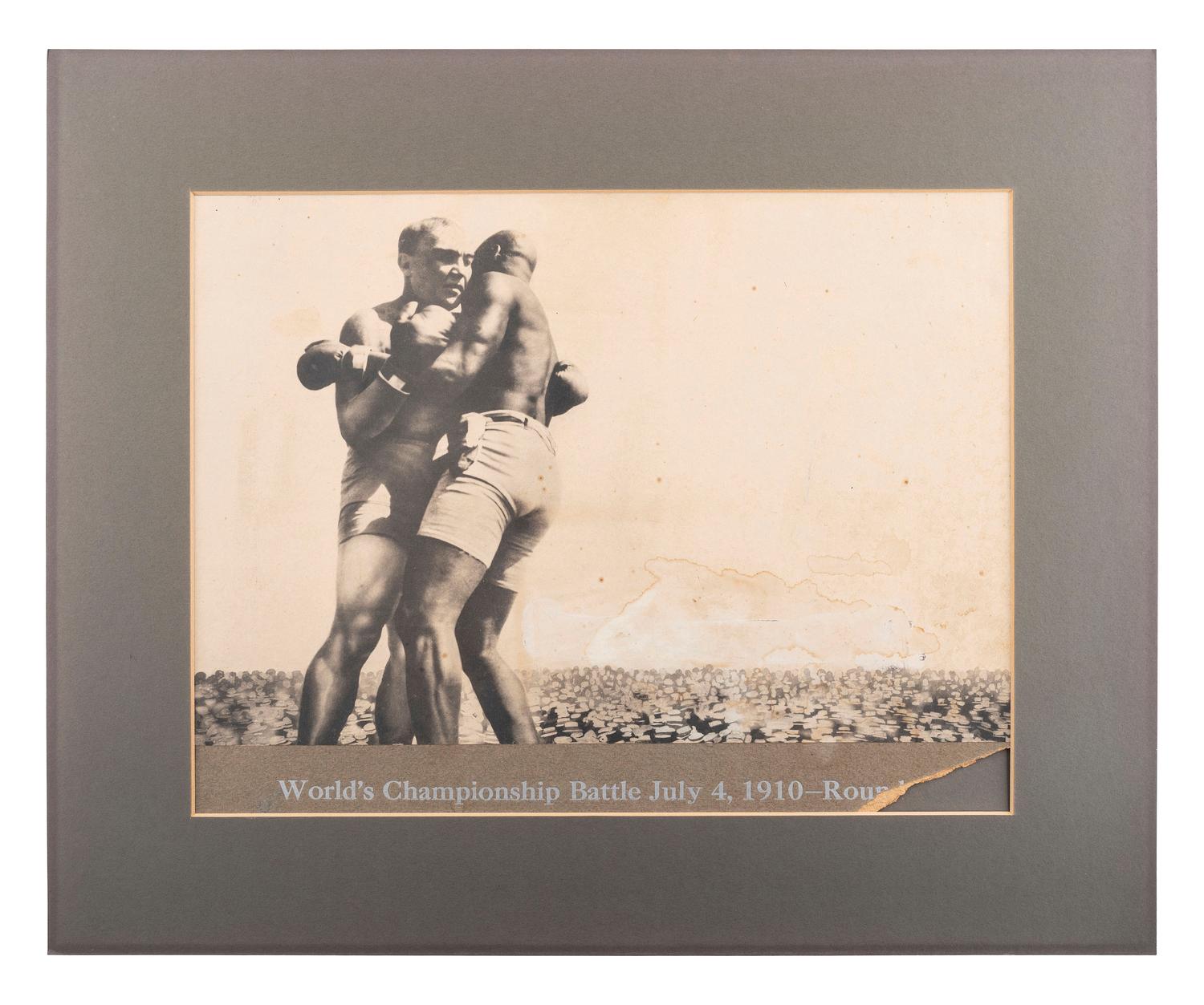 [BOXING]. A group of 3 large format photographs of the Jack Johnson and James Jeffries championship battle at Reno, Nevada. 4 July 1910.