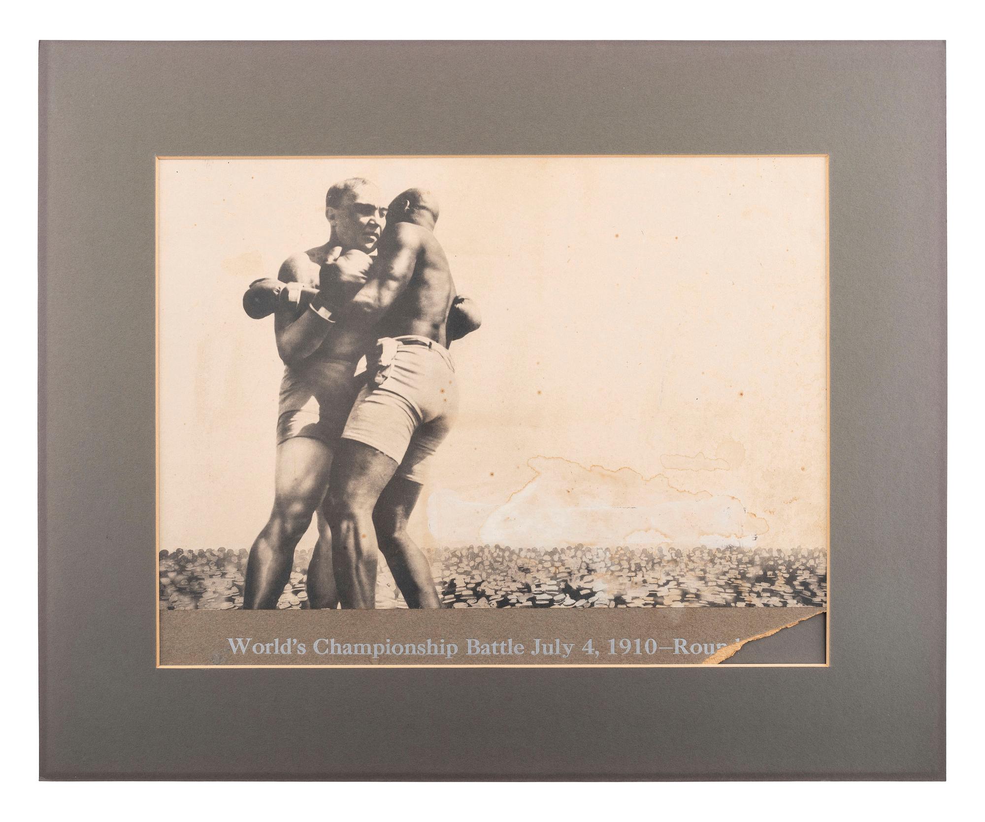 [BOXING]. A group of 3 large format photographs of the Jack Johnson and James Jeffries championship battle at Reno, Nevada. 4 July 1910.