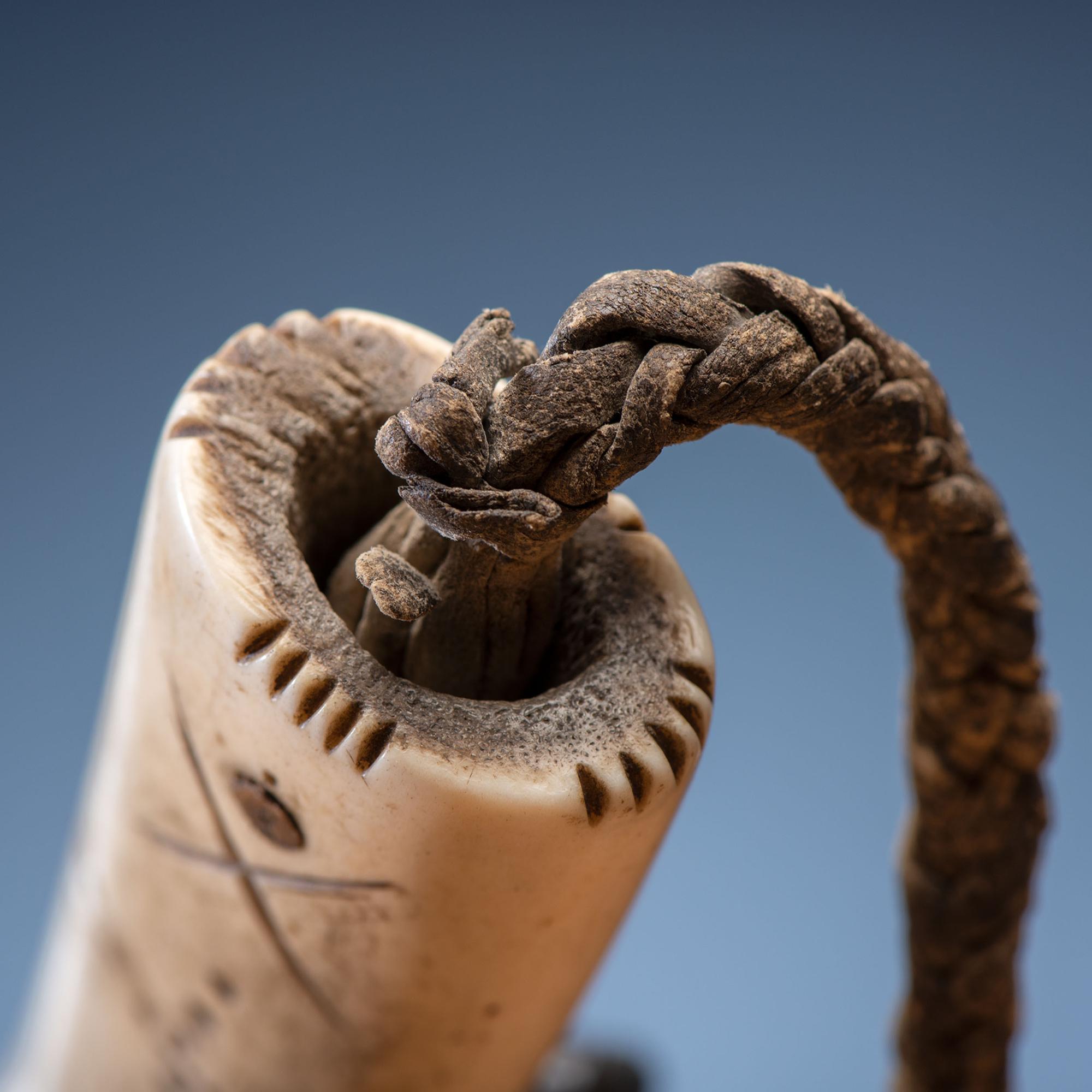 Kiowa Decorated Antler Quirt, with Buffalo Hide Wrist Strap