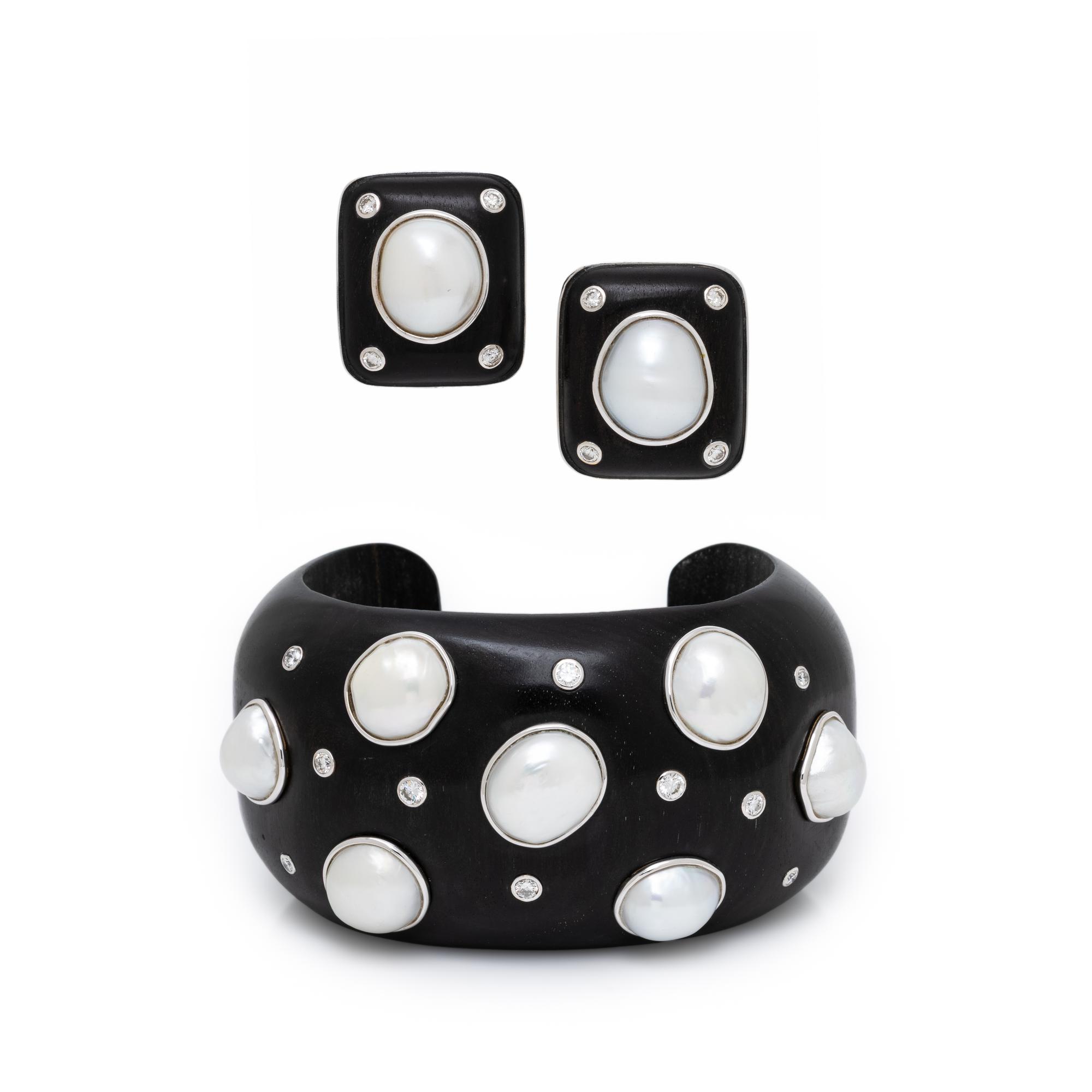 Trianon, Ebony, Diamond, and Cultured Pearl Cuff Bracelet and Earrings