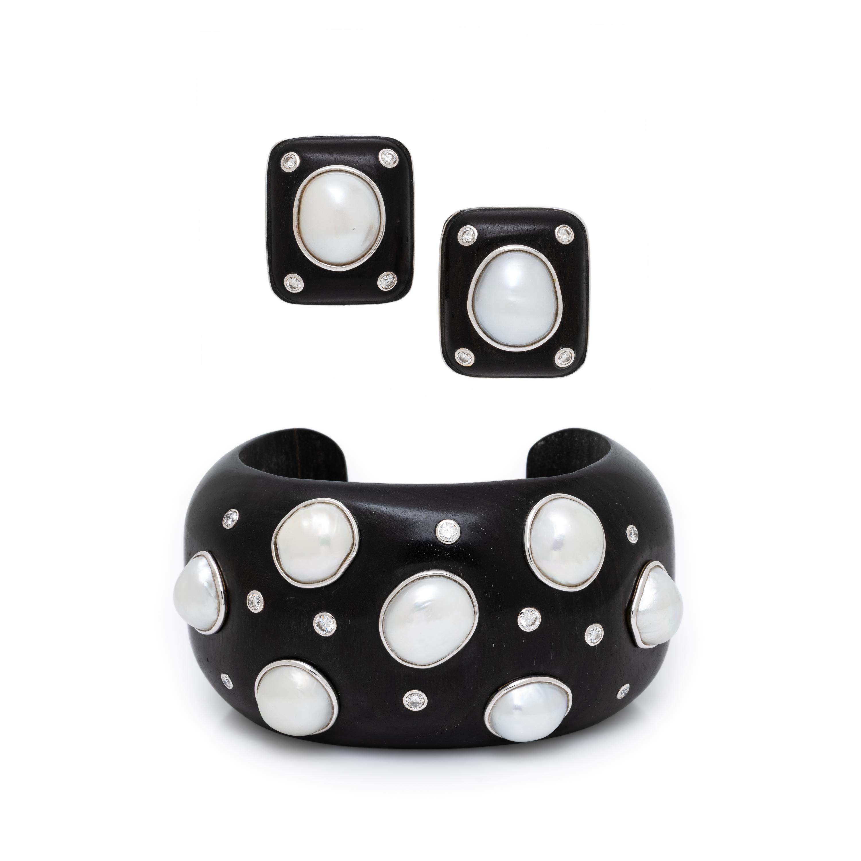 Trianon, Ebony, Diamond, and Cultured Pearl Cuff Bracelet and Earrings