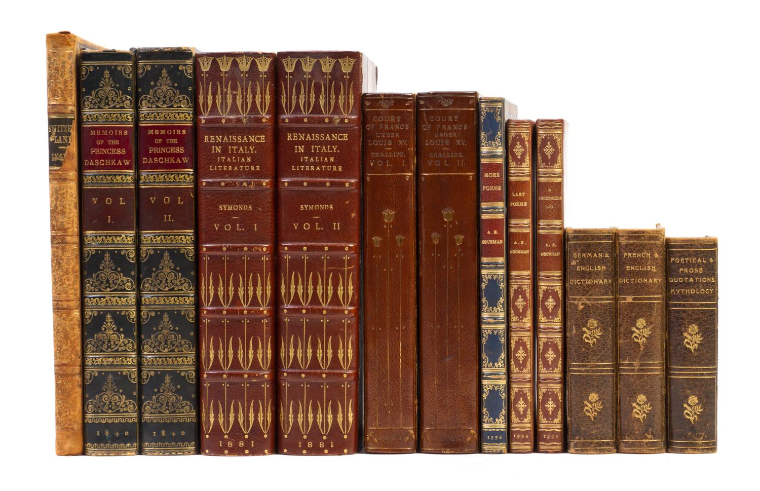 (BINDINGS) A group of 15 leather bound books, some finely bound.