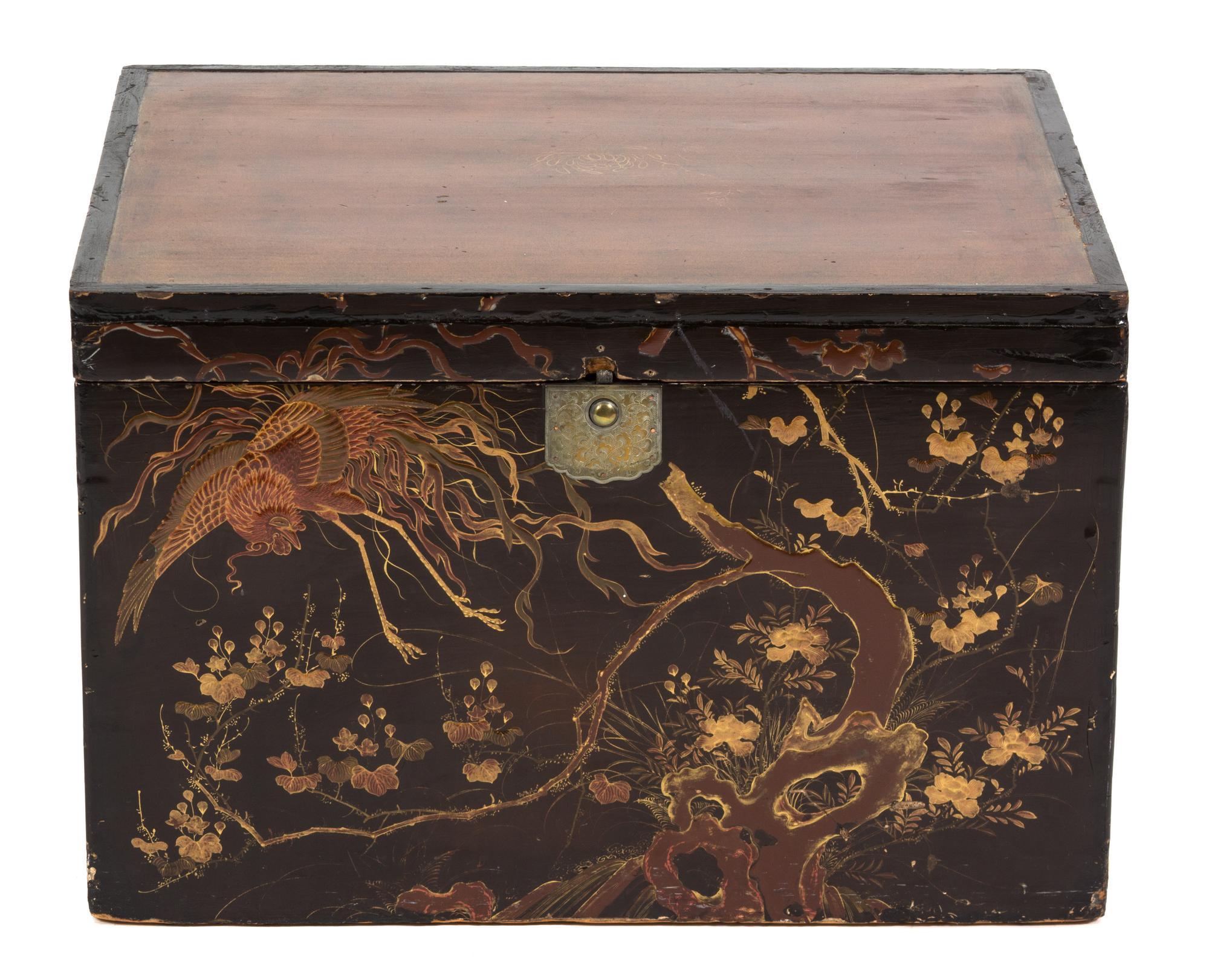 A Chinese Painted Tea Chest Height 16 1/4 x width 25 x depth 20 1/4 inches. — 19TH CENTURY