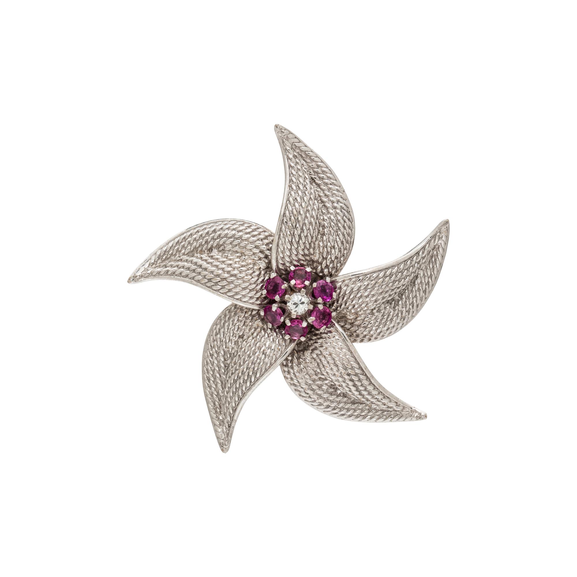 TIFFANY & CO., WHITE GOLD, PINK SAPPHIRE, AND DIAMOND BROOCH