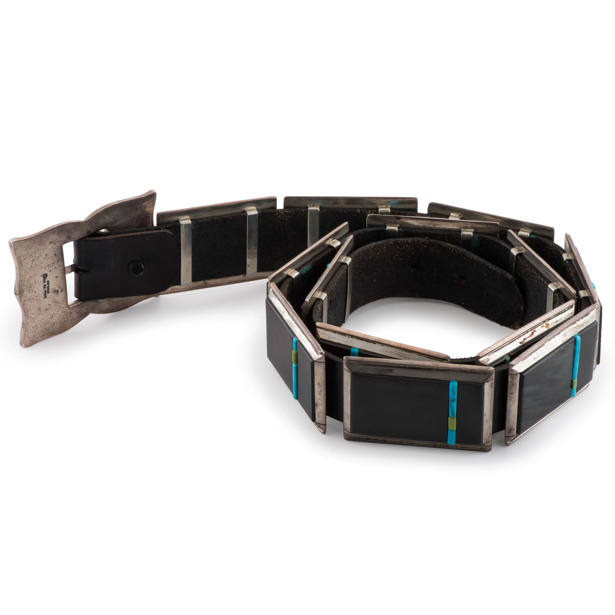 Sterling Silver, Black Jade, Turquoise, and Serpentine Concha Belt