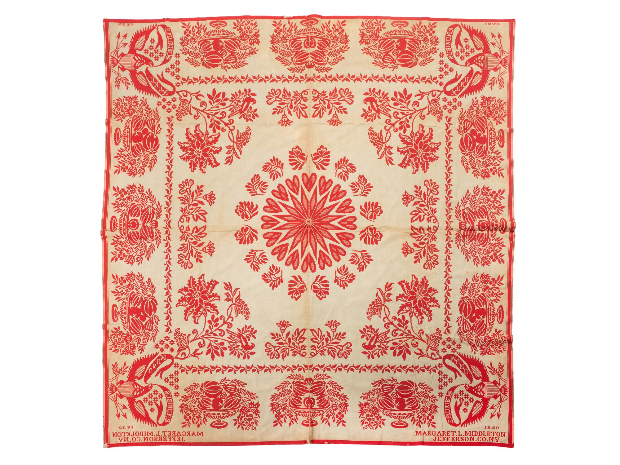 A Red and White Patriotic Jacquard Woven Coverlet