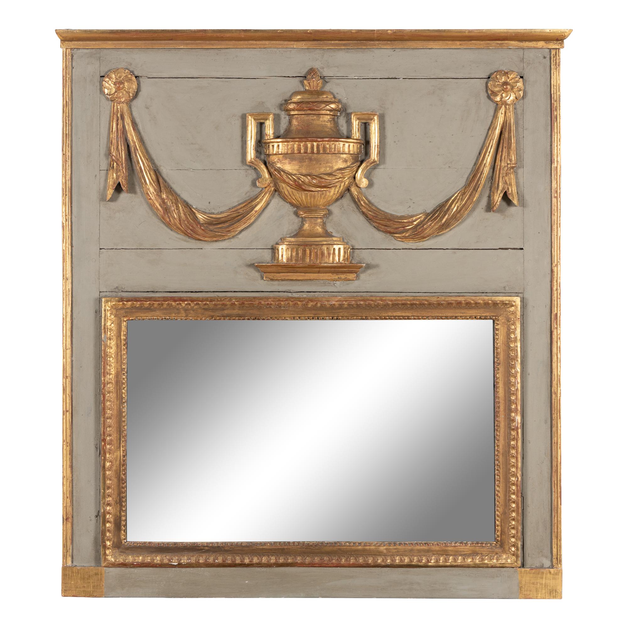 A Neoclassical Grey-Painted and Parcel Gilt Trumeau Mirror