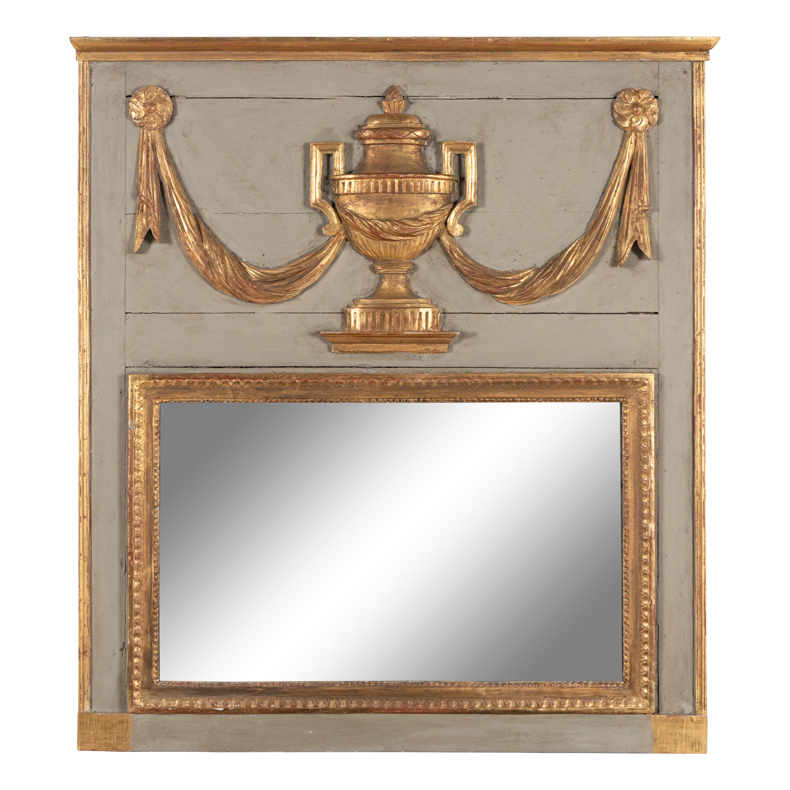 A Neoclassical Grey-Painted and Parcel Gilt Trumeau Mirror