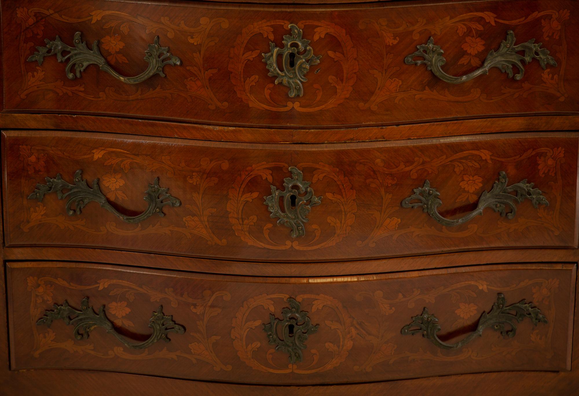 A Louis XV Style Bronze Mounted Marquetry Marble-Top Commode