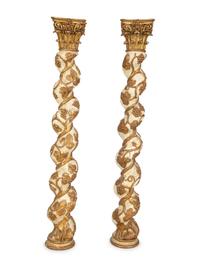 A Pair of Italian Carved, Painted and Parcel Gilt Columms