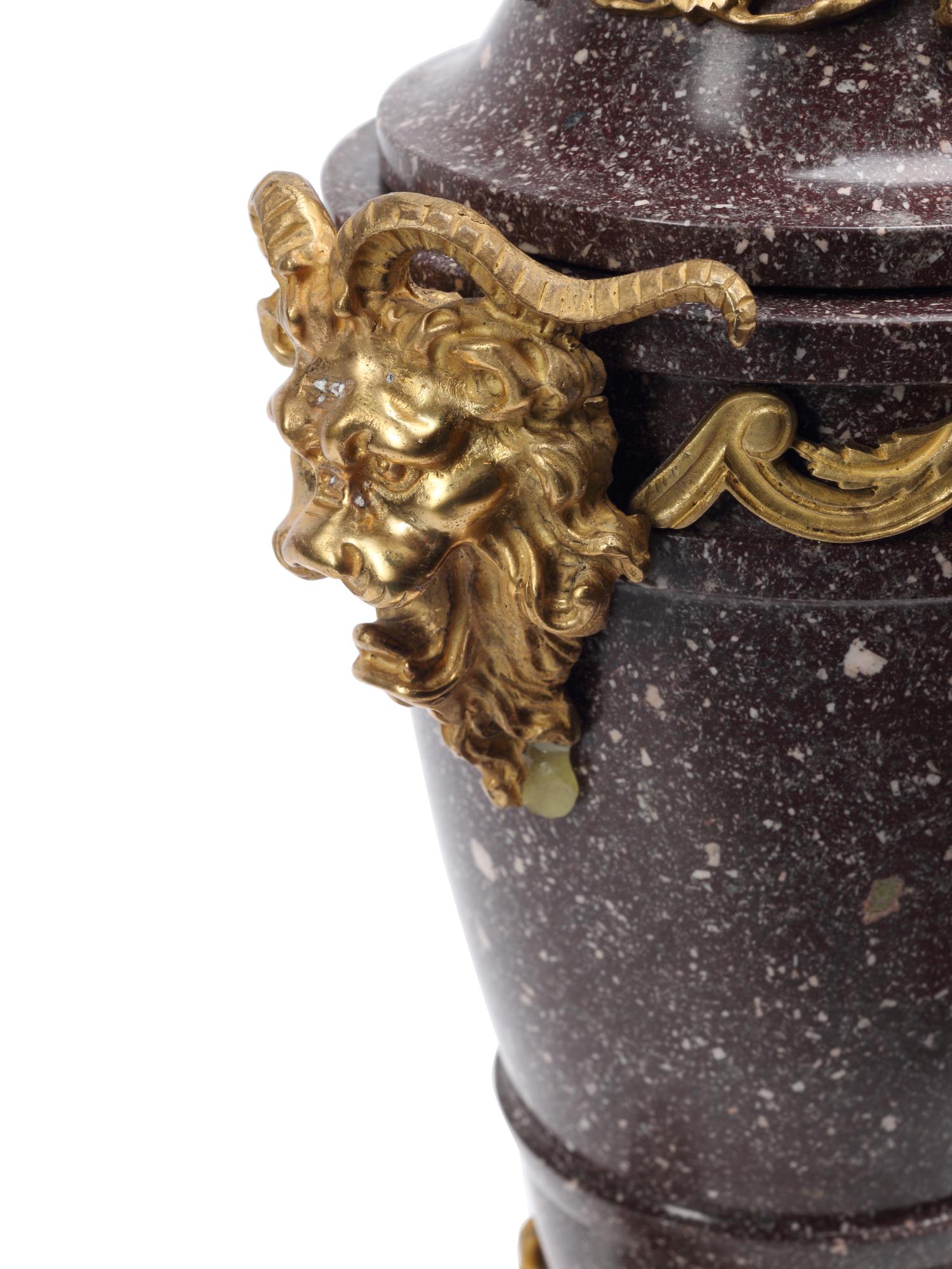 A Pair of Gilt Bronze Mounted Carved Hardstone Urns