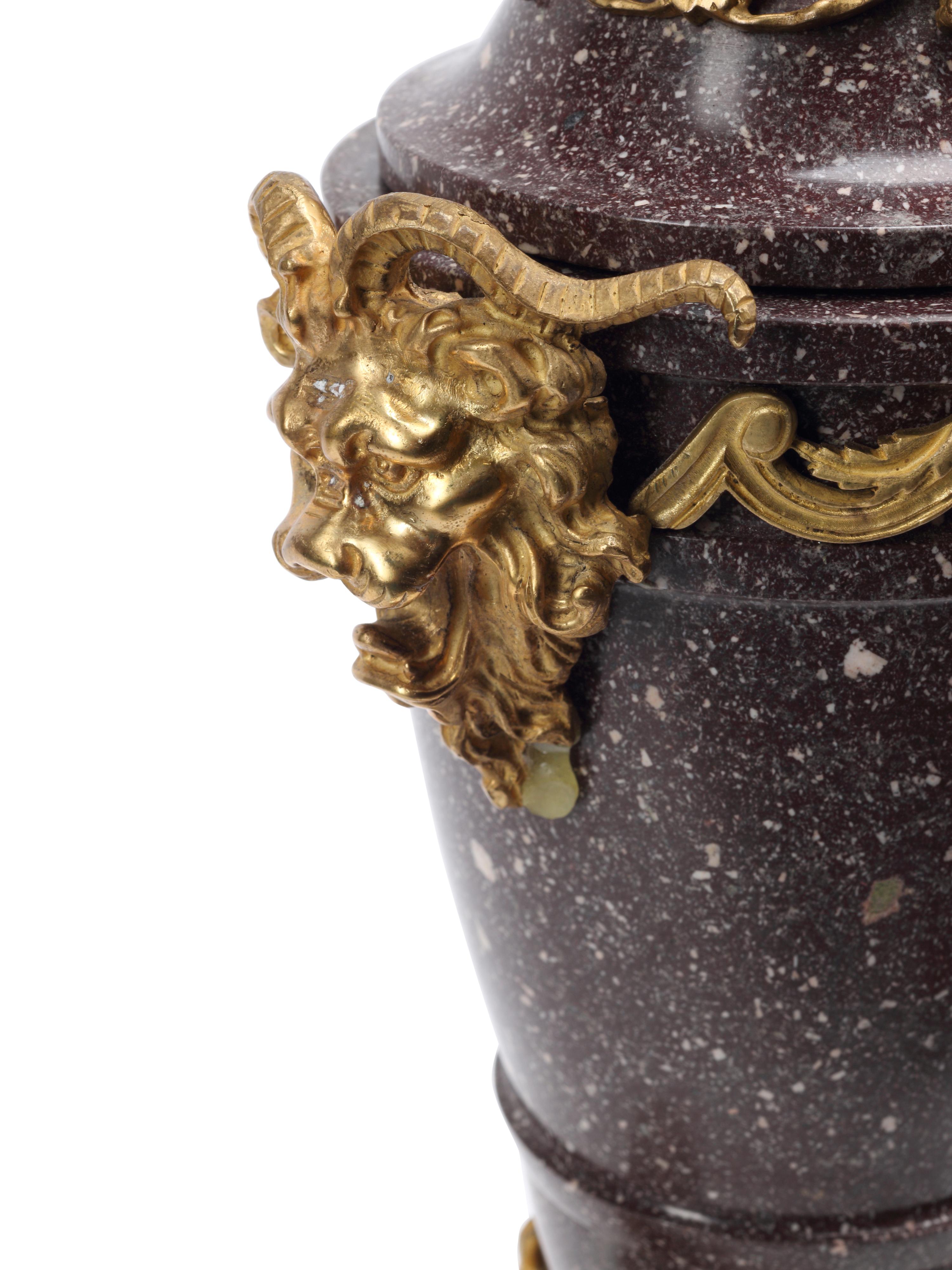 A Pair of Gilt Bronze Mounted Carved Hardstone Urns