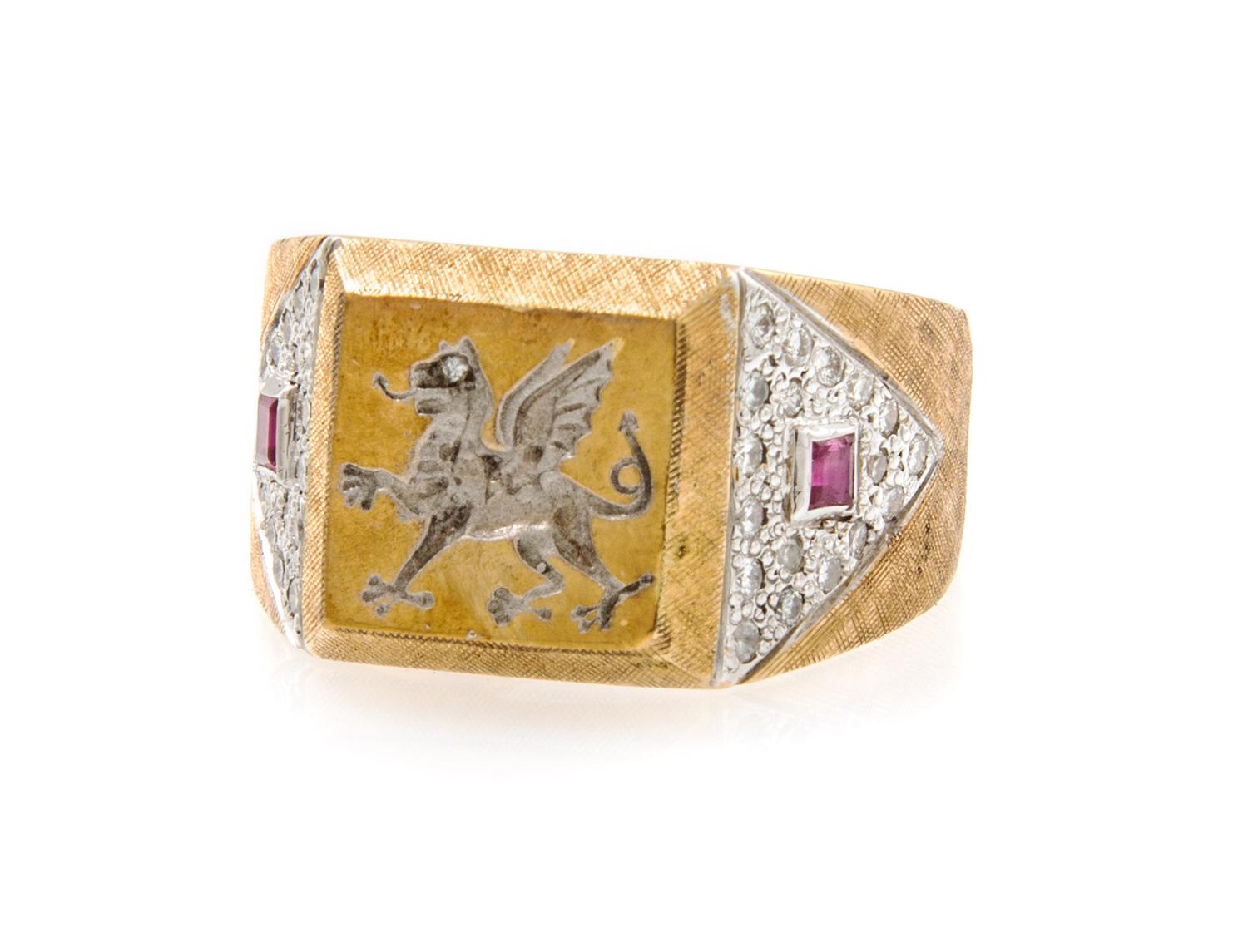 A 14 Karat Gold, Diamond and Ruby Dragon Intaglio Ring, 15.50 dwts.
