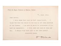 [MEDICINE]. OSLER, William (1849-1919). Typed letter signed, 26 June 1914.