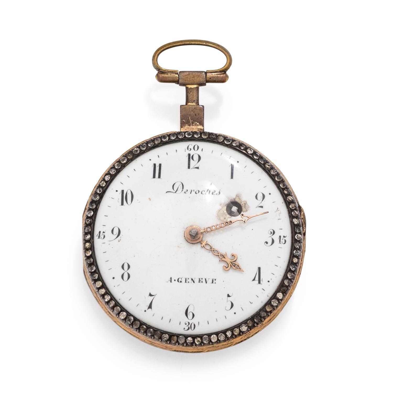 DEROCHES, PASTE AND ENAMEL OPEN FACE POCKET WATCH