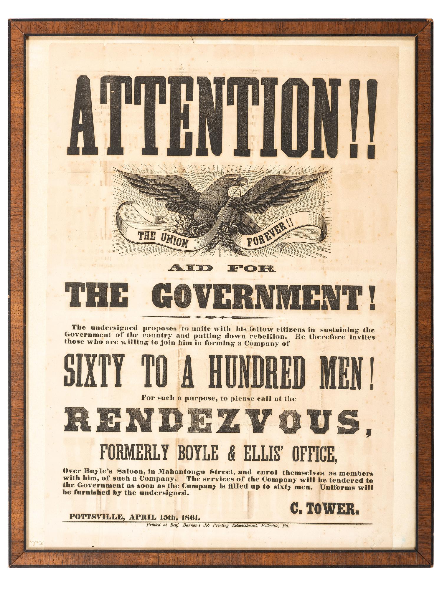 [CIVIL WAR]. Attention!! Aid for the Government! Pottsville, PA: Benjamin Bannan's Job Printing Establishment, 15 April 1861.