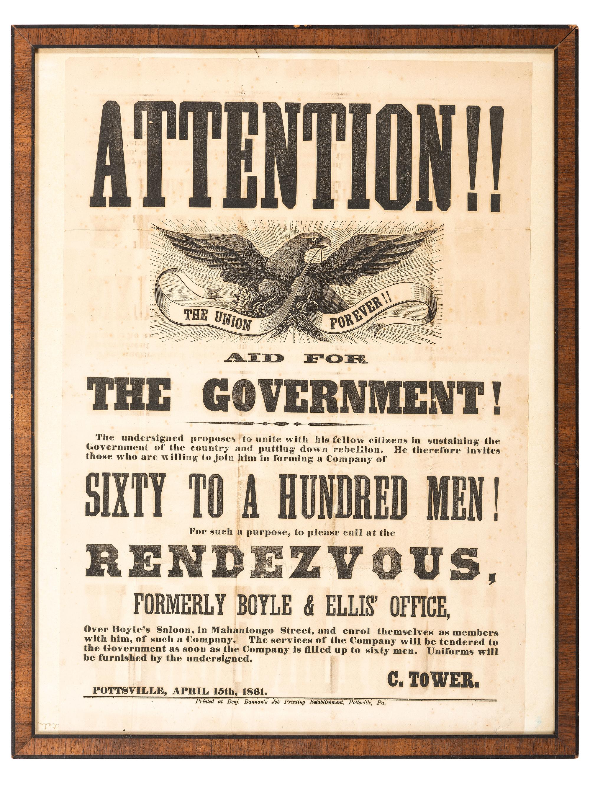 [CIVIL WAR]. Attention!! Aid for the Government! Pottsville, PA: Benjamin Bannan's Job Printing Establishment, 15 April 1861.