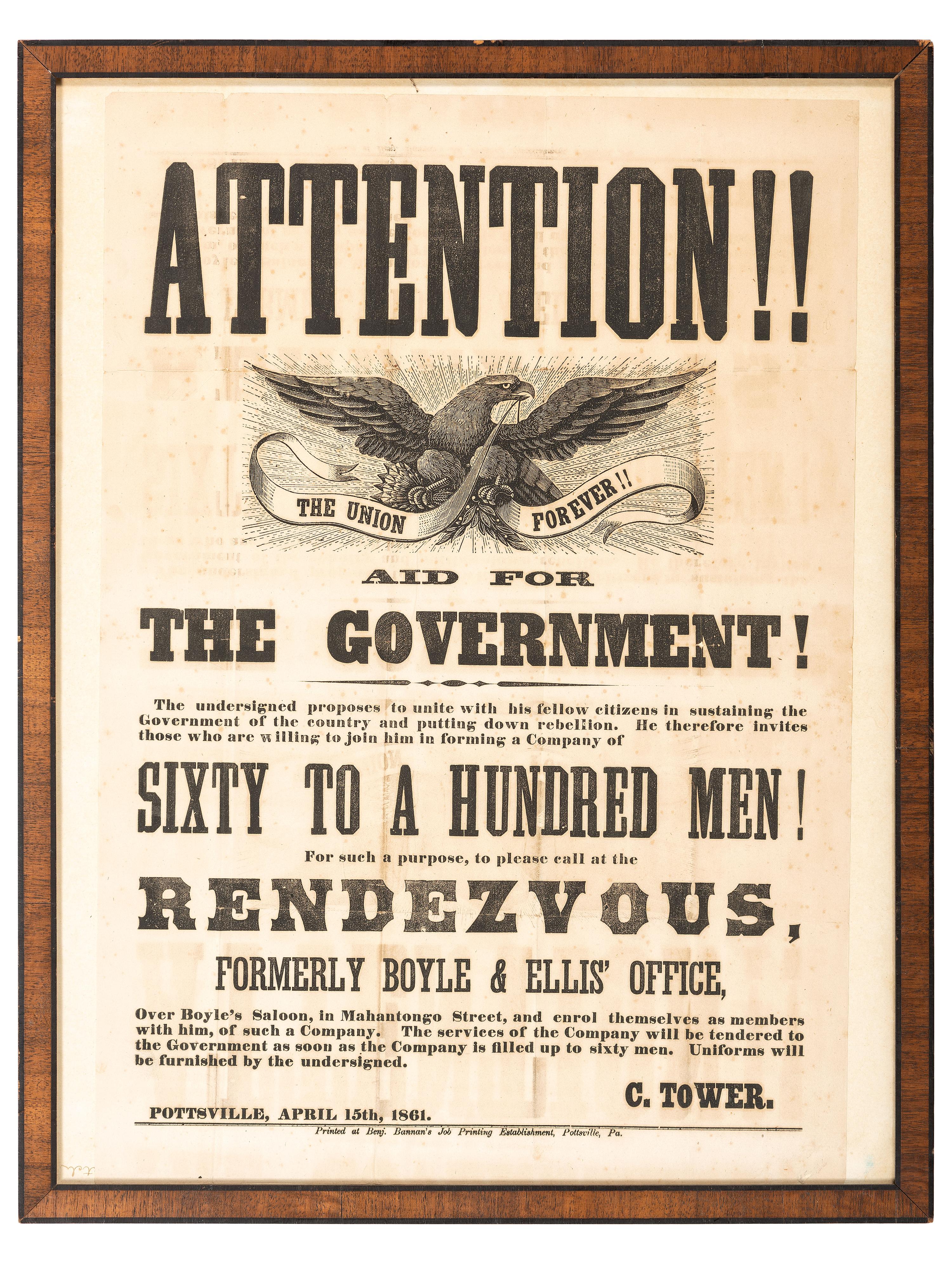 [CIVIL WAR]. Attention!! Aid for the Government! Pottsville, PA: Benjamin Bannan's Job Printing Establishment, 15 April 1861.