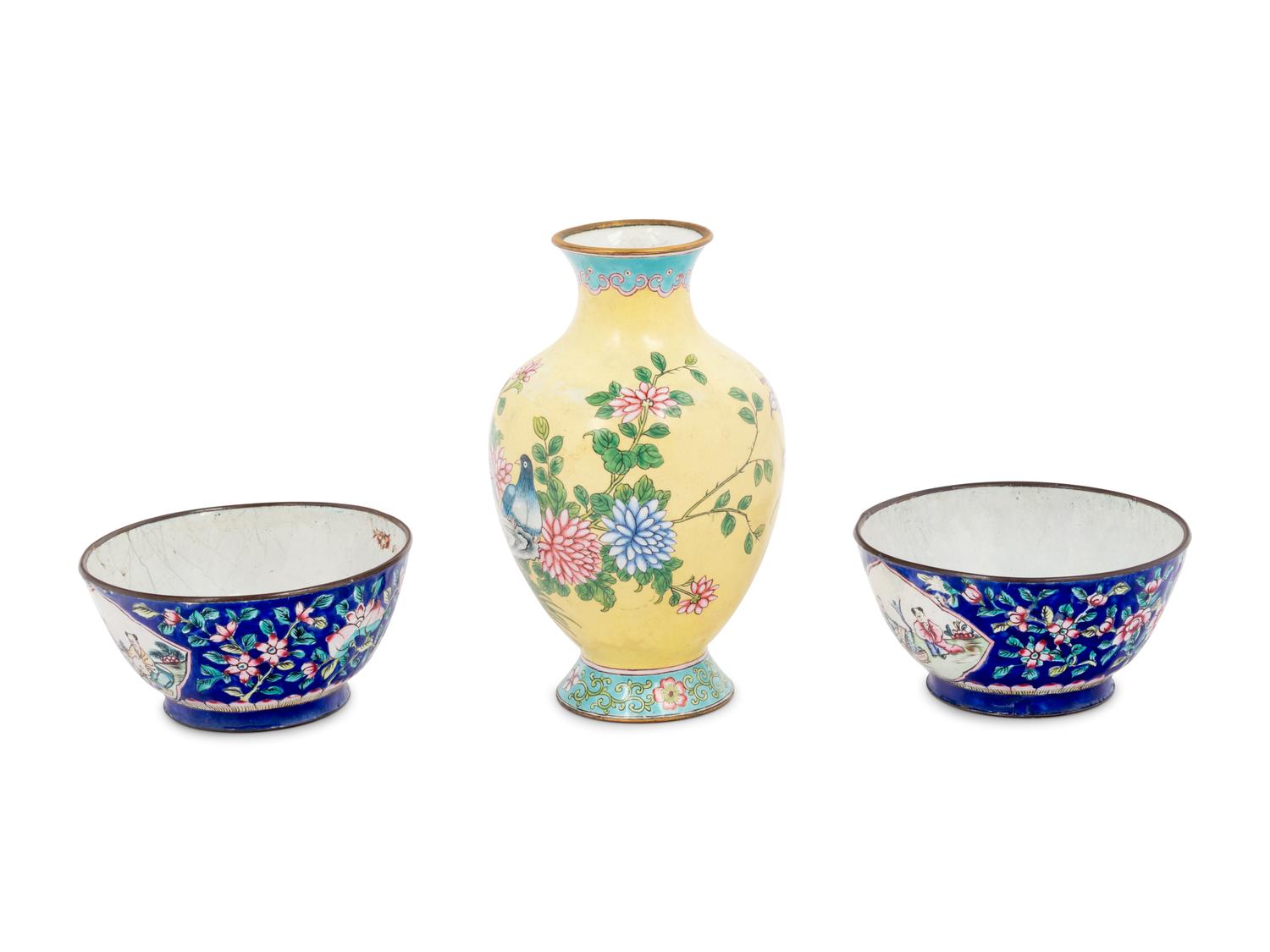 Three Chinese Canton Enamel on Copper Articles