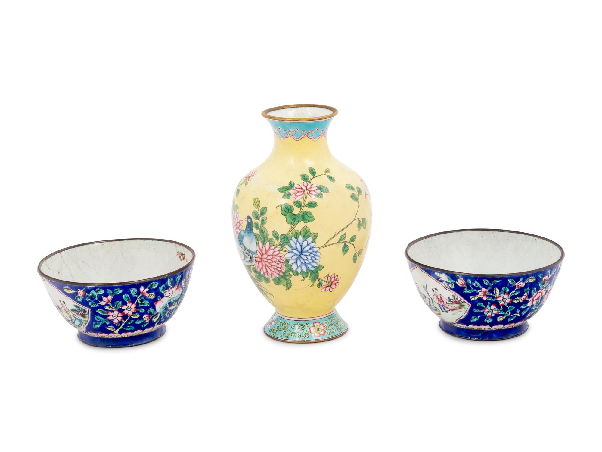 Three Chinese Canton Enamel on Copper Articles