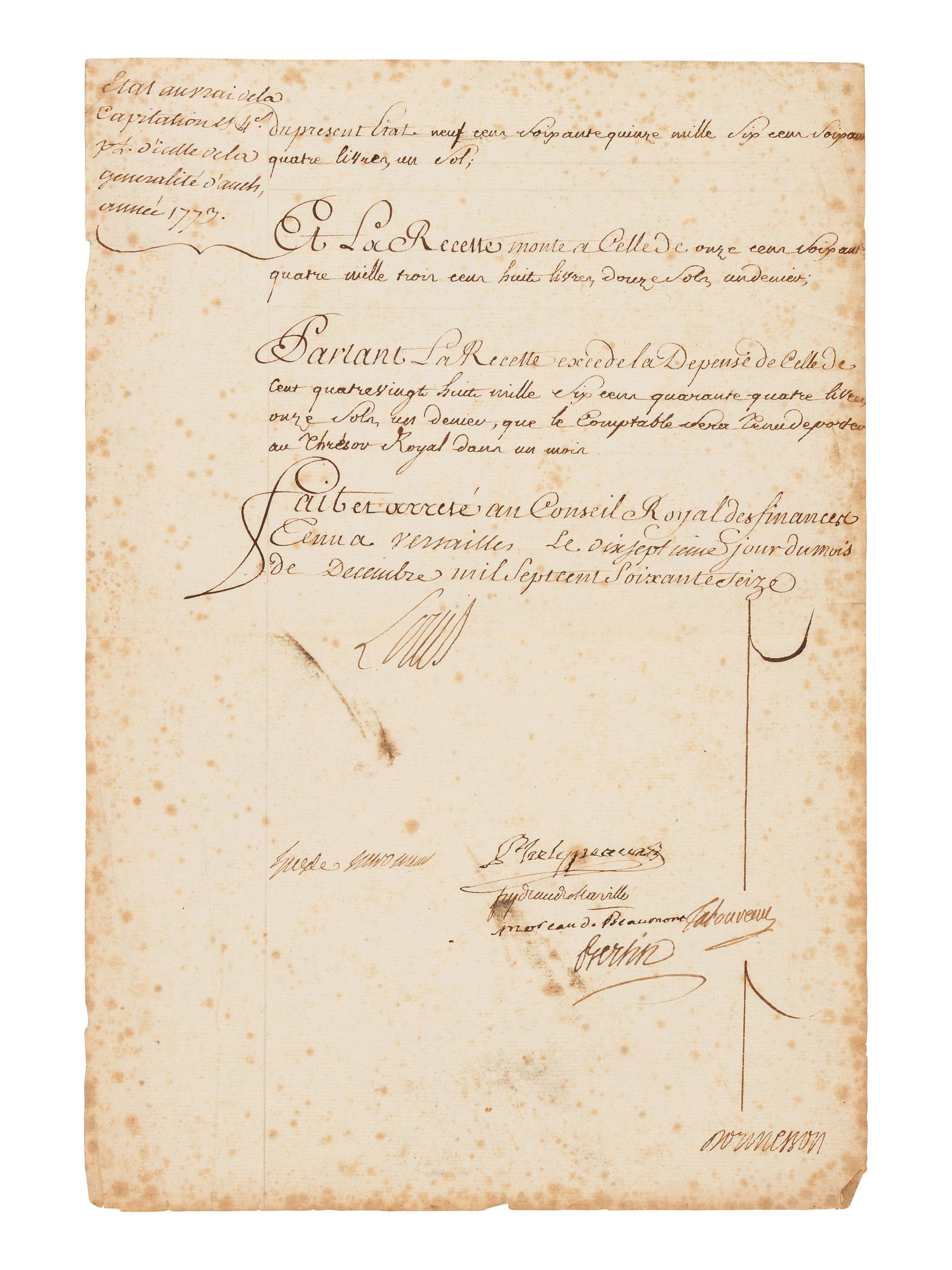 LOUIS XVI, King of France (1754-1793). Document signed ("Louis"), 17 December 1776. Countersigned by several ministers.