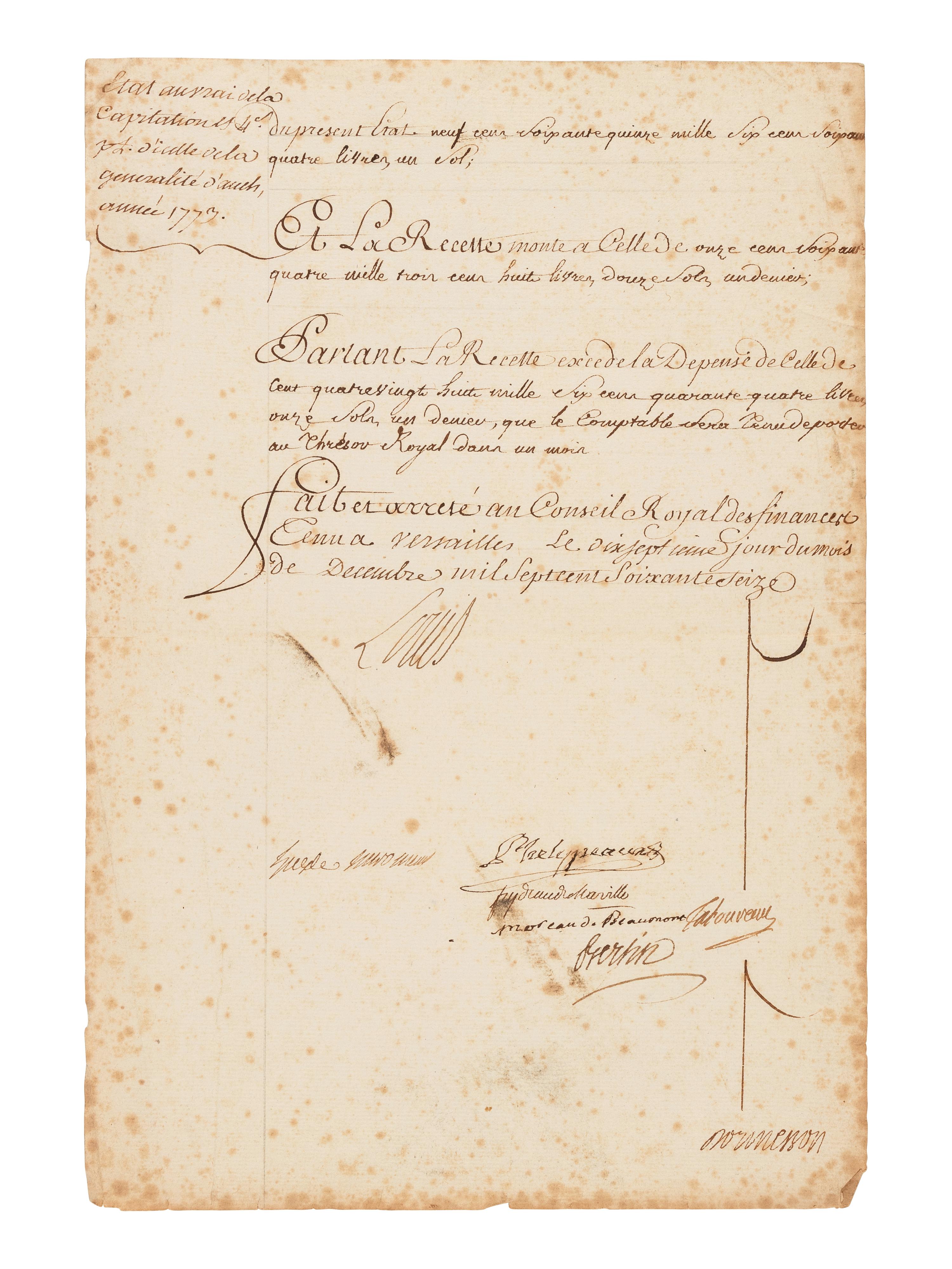 LOUIS XVI, King of France (1754-1793). Document signed ("Louis"), 17 December 1776. Countersigned by several ministers.