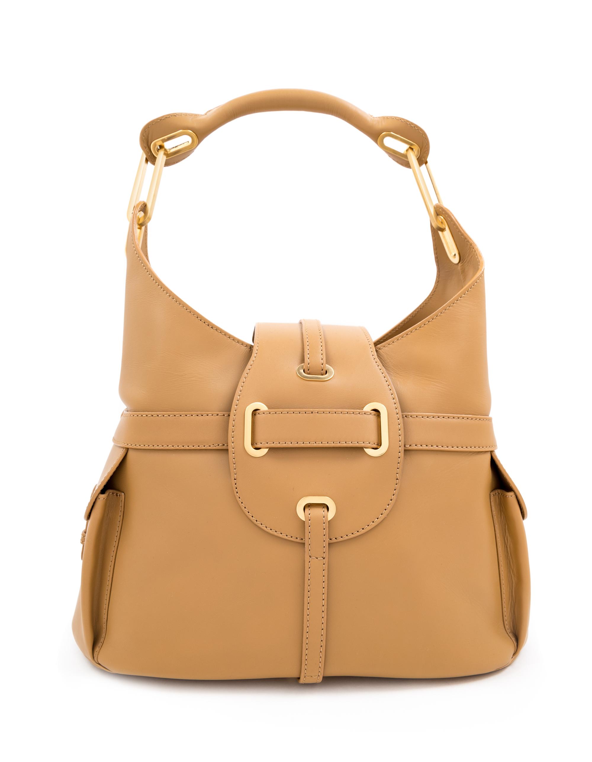 A Jimmy Choo Camel Leather Tulita Hobo Bag, 10.5" H x 14" W x 6" D; Handle drop: 7".