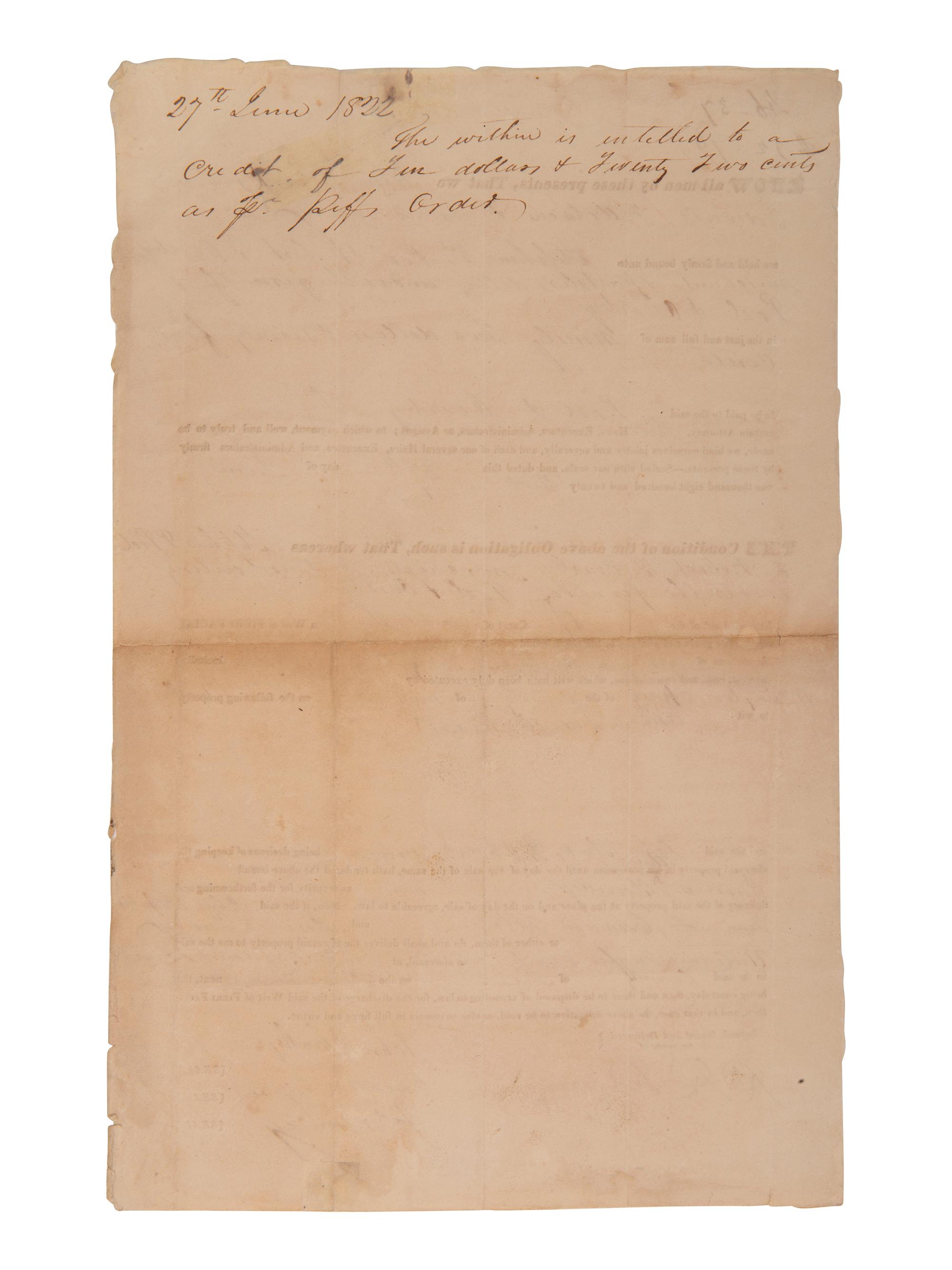 [ENSLAVEMENT]. 2 bonds placing liens on enslaved persons as property. Mecklenburg Co., [NC], 1820s.