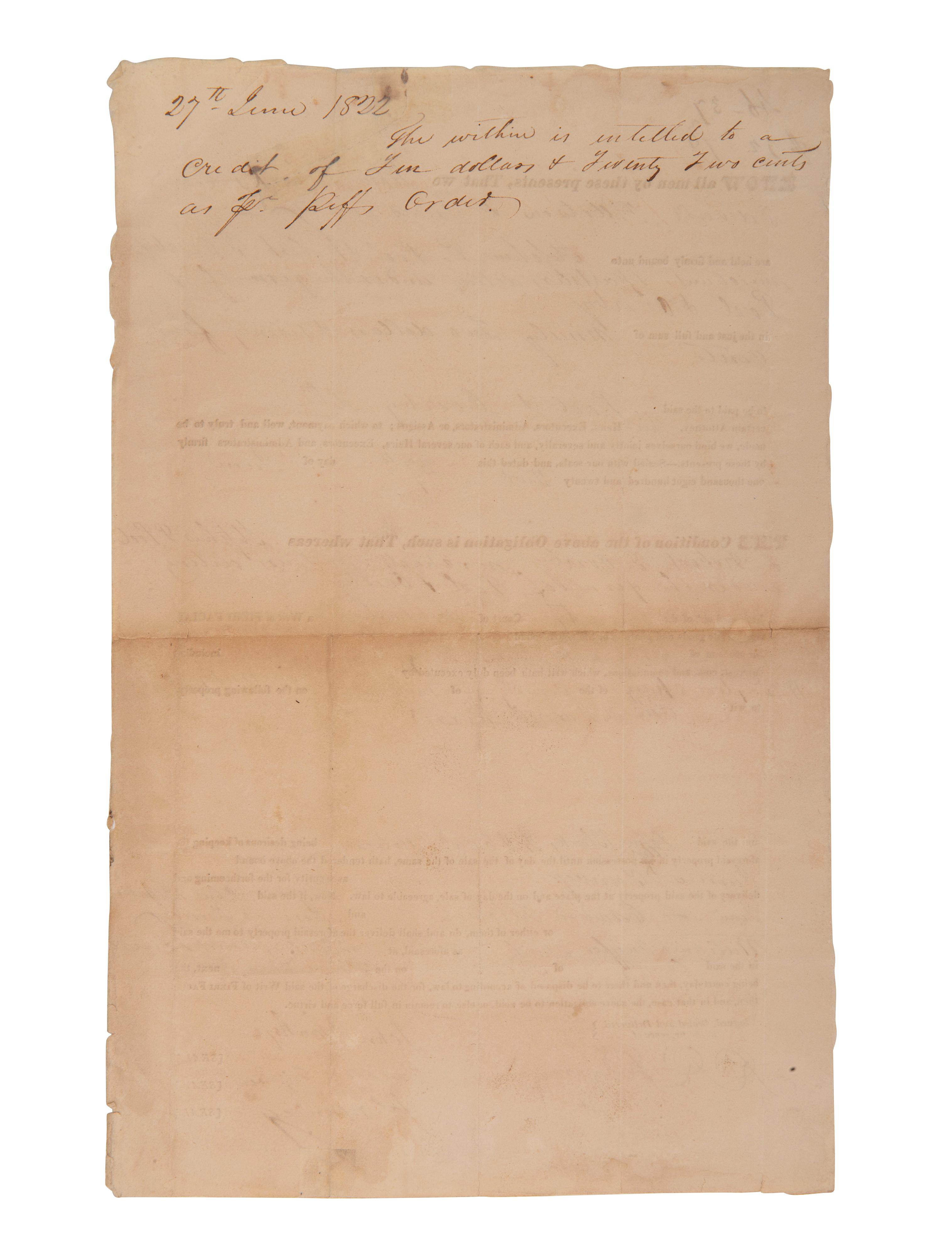 [ENSLAVEMENT]. 2 bonds placing liens on enslaved persons as property. Mecklenburg Co., [NC], 1820s.