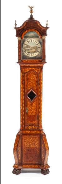 A Diminutive Dutch Marquetry Tall Case Clock Height 77 1/2 x width 18 x depth 11 inches.