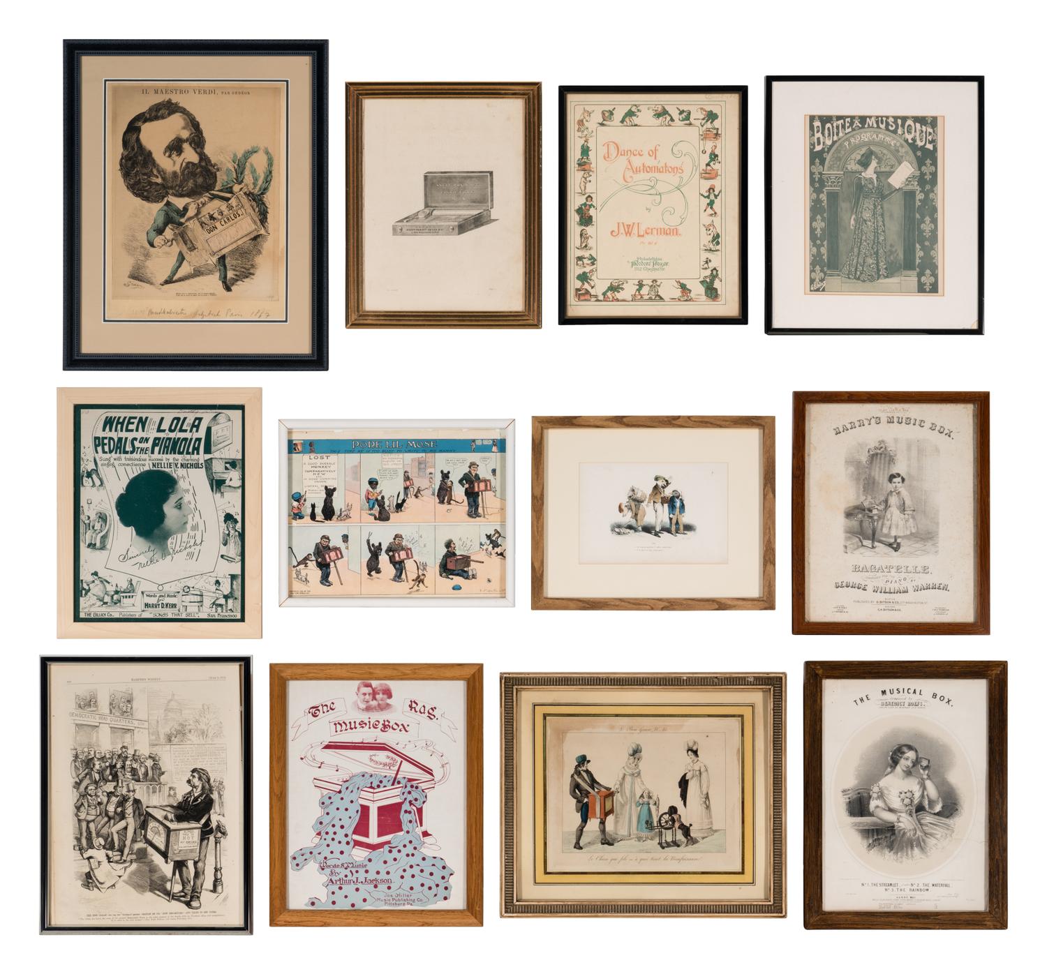 Twelve Framed Mechanical Music Themed Items