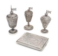A Group of Four Middle Eastern Silver Filigree Objects, , comprising three spice towers and a cigarette case.