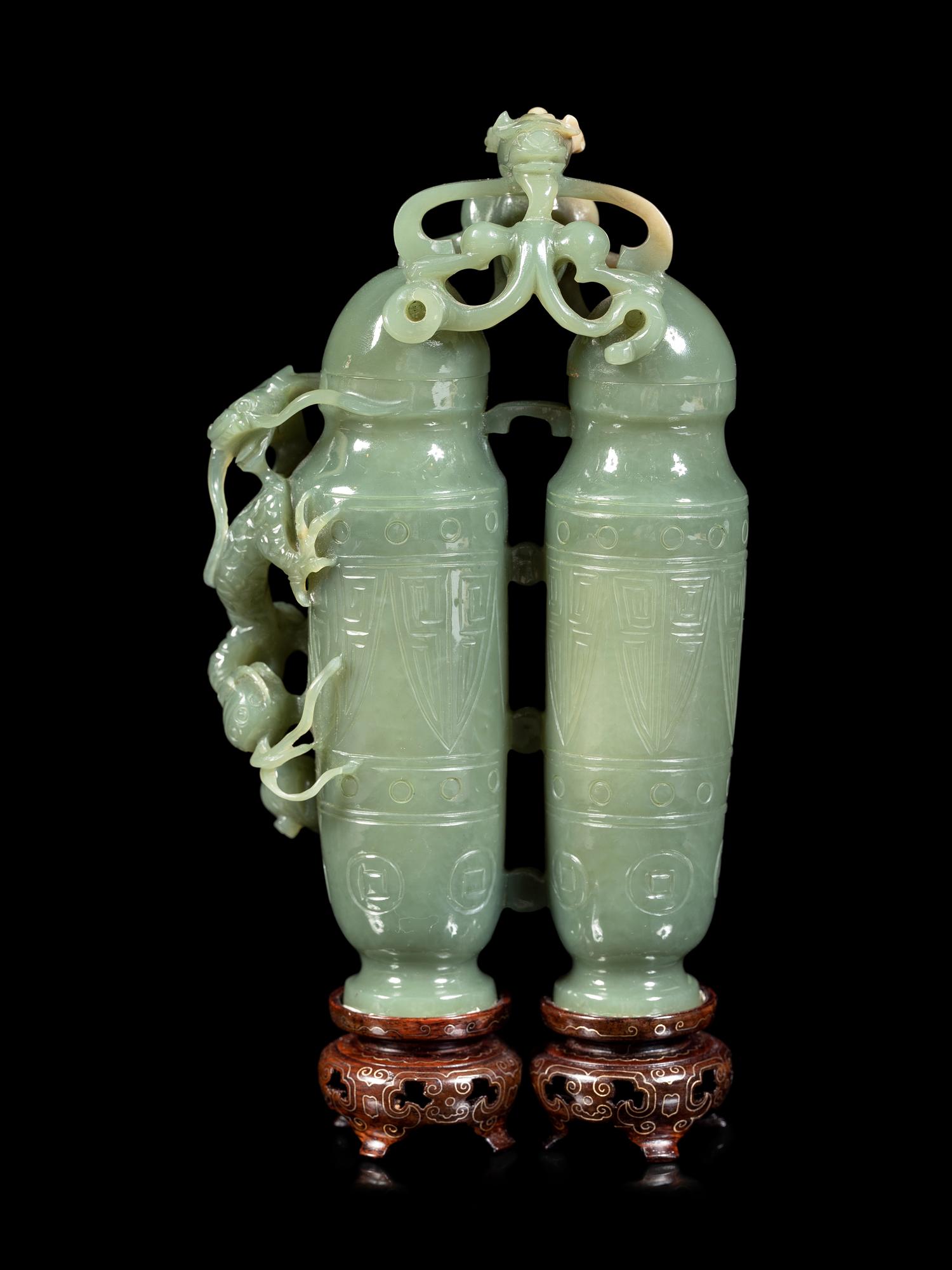 A Carved Serpentine Double Vase and Cover