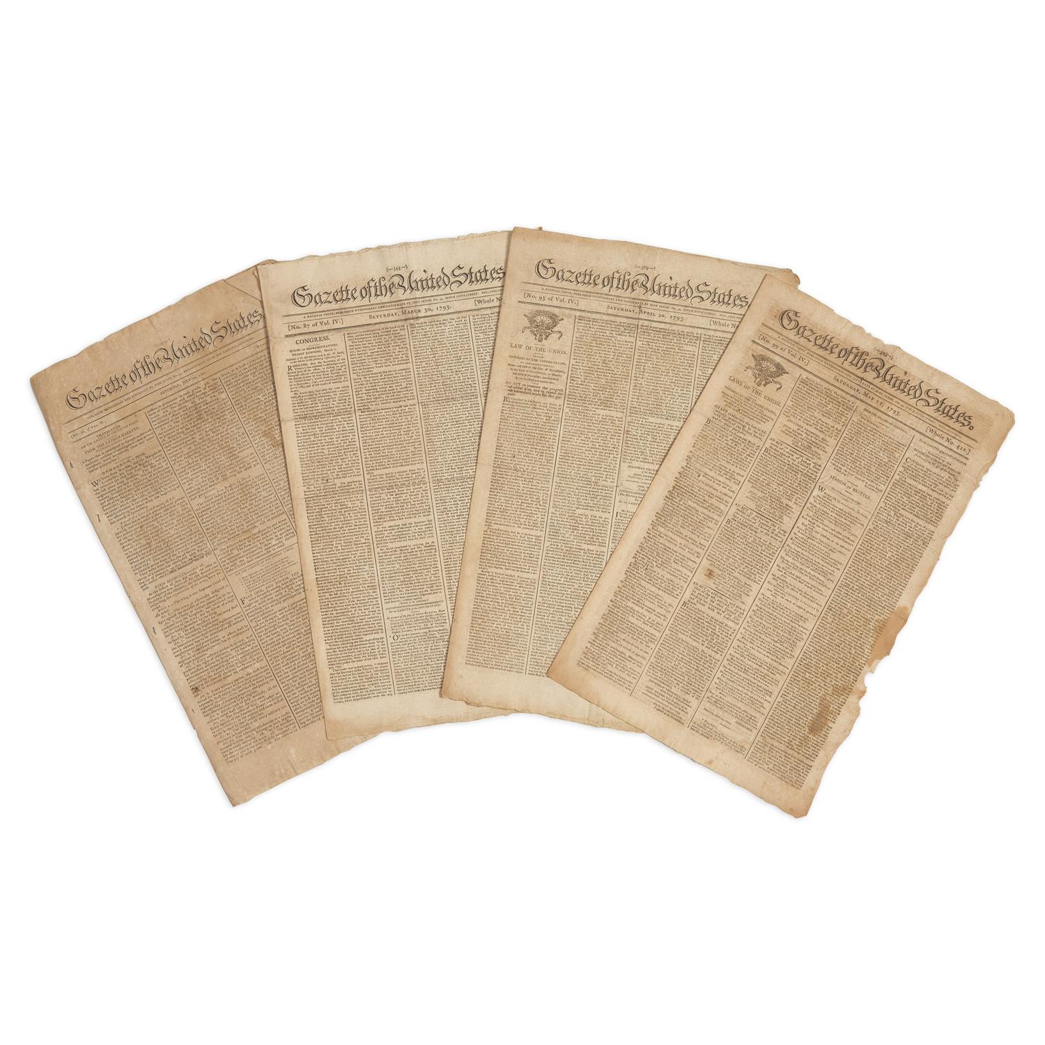 [American Newspapers] Group of 4 Issues of the Gazette of the United States: The Semi-Official Organ for President Washington's Administration, 1789-93