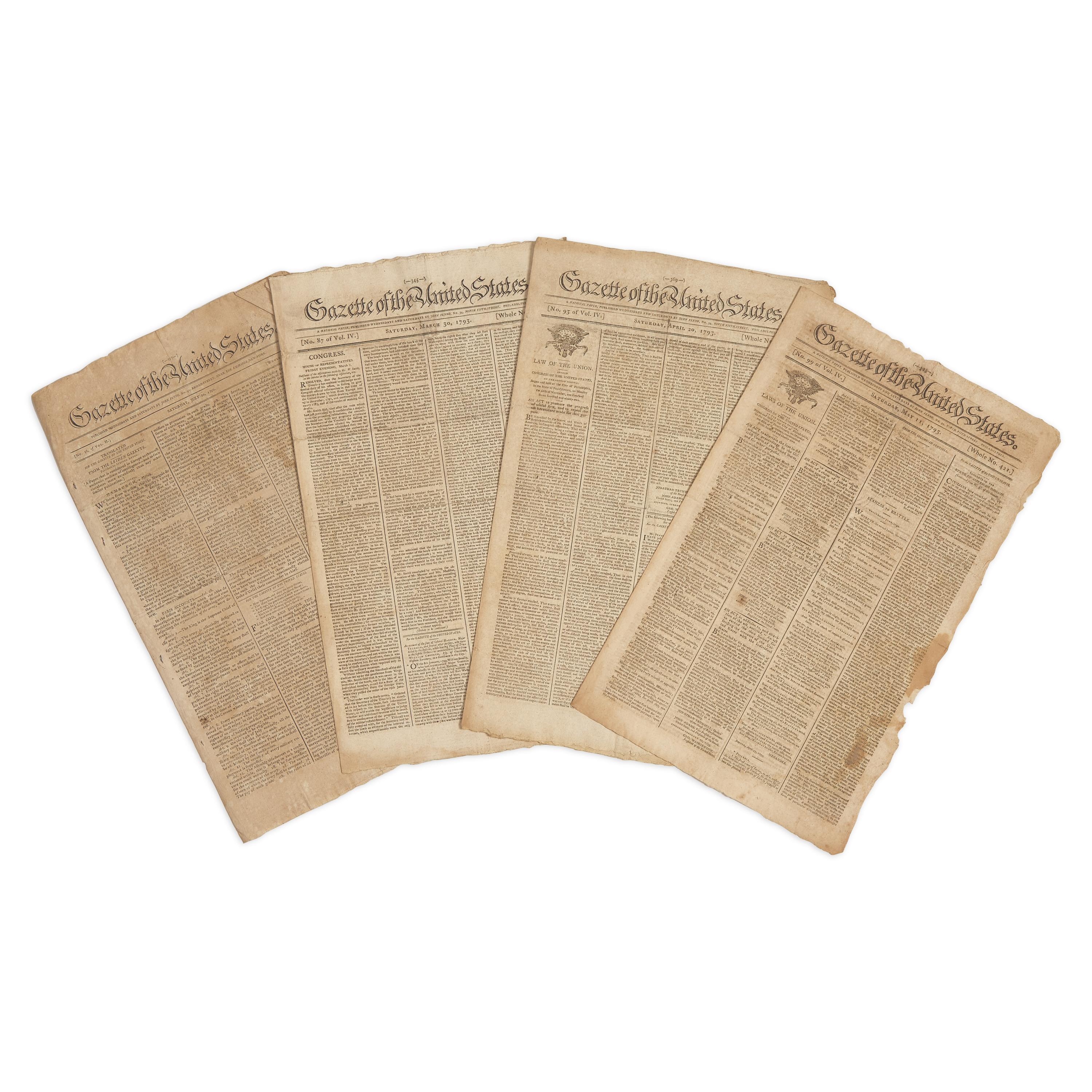 [American Newspapers] Group of 4 Issues of the Gazette of the United States: The Semi-Official Organ for President Washington's Administration, 1789-93