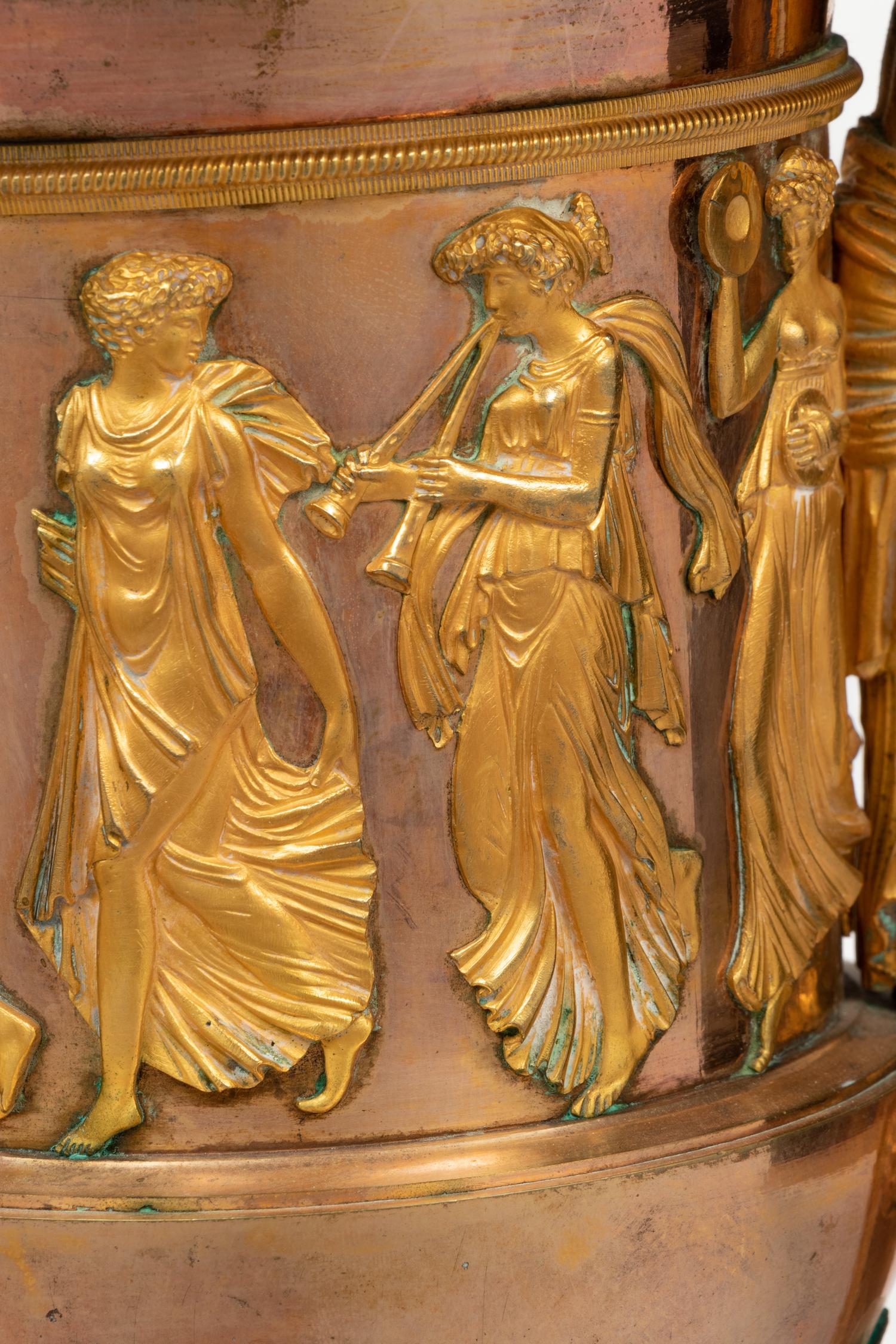 A Pair of Neoclassical Gilt Bronze and Marble Campagna-Form Urns