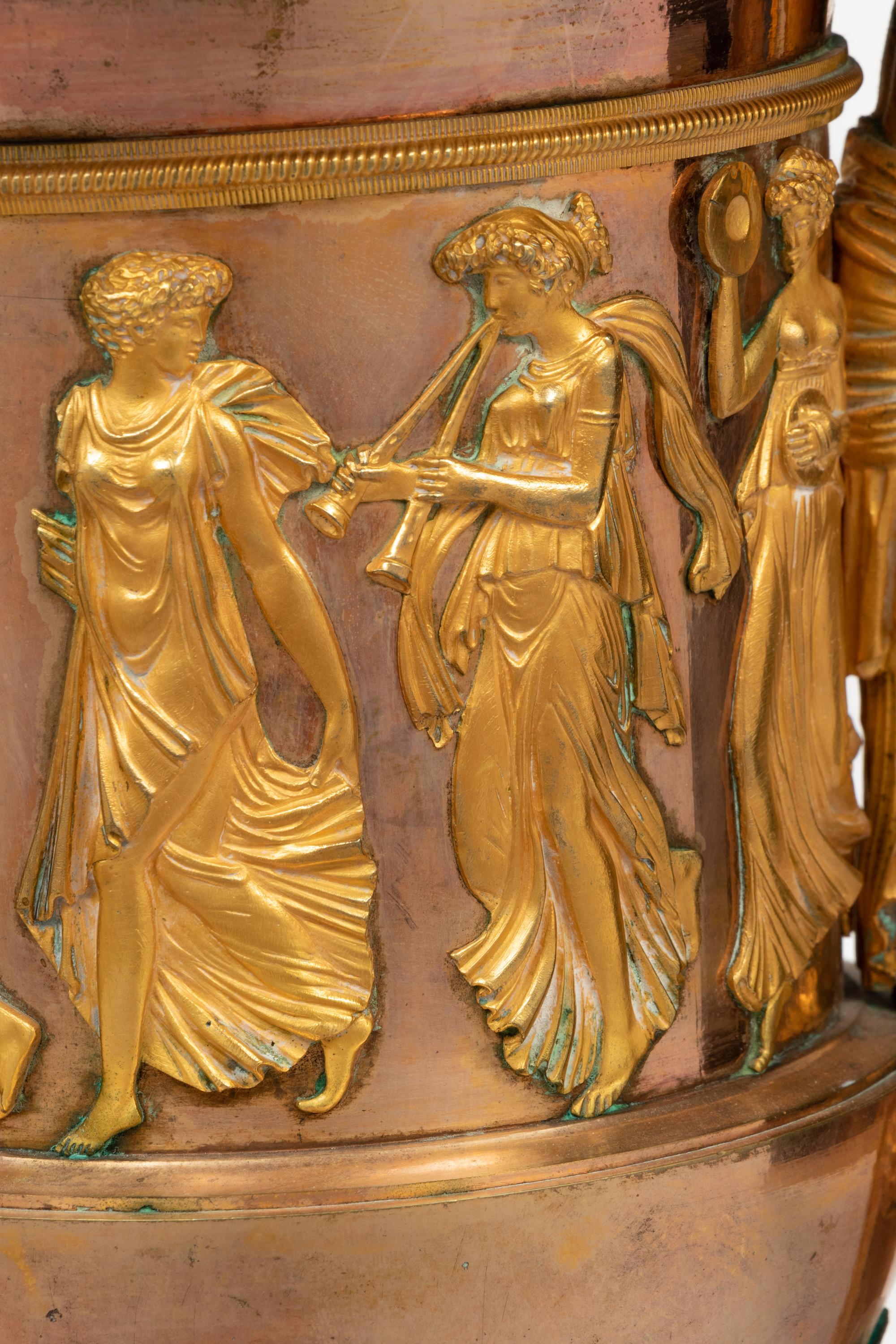 A Pair of Neoclassical Gilt Bronze and Marble Campagna-Form Urns
