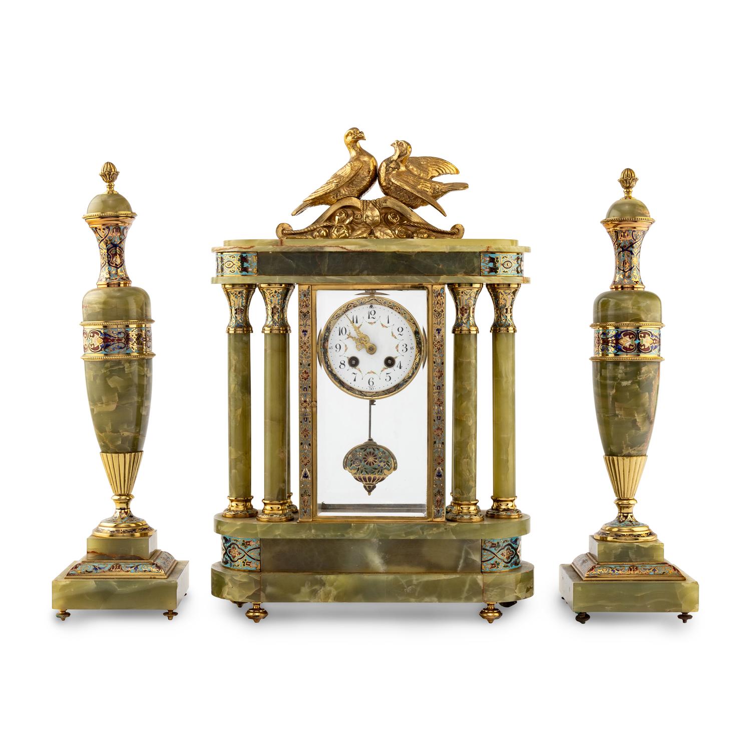 A French Green Onyx, Gilt-Metal and Champlevé Three-Piece Clock Garniture