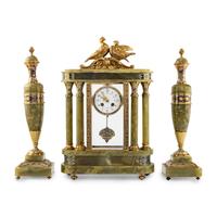 A French Green Onyx, Gilt-Metal and Champlevé Three-Piece Clock Garniture