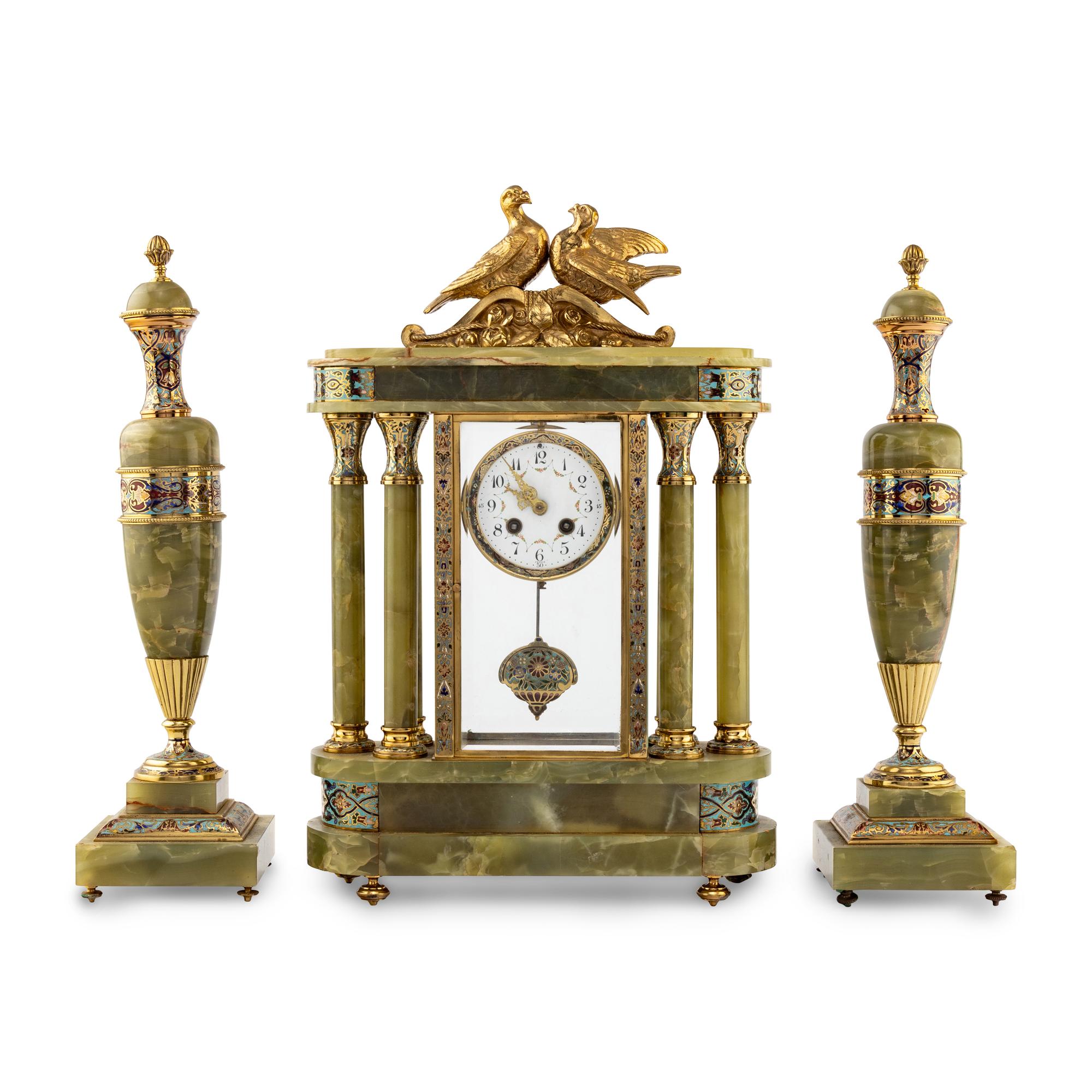 A French Green Onyx, Gilt-Metal and Champlevé Three-Piece Clock Garniture