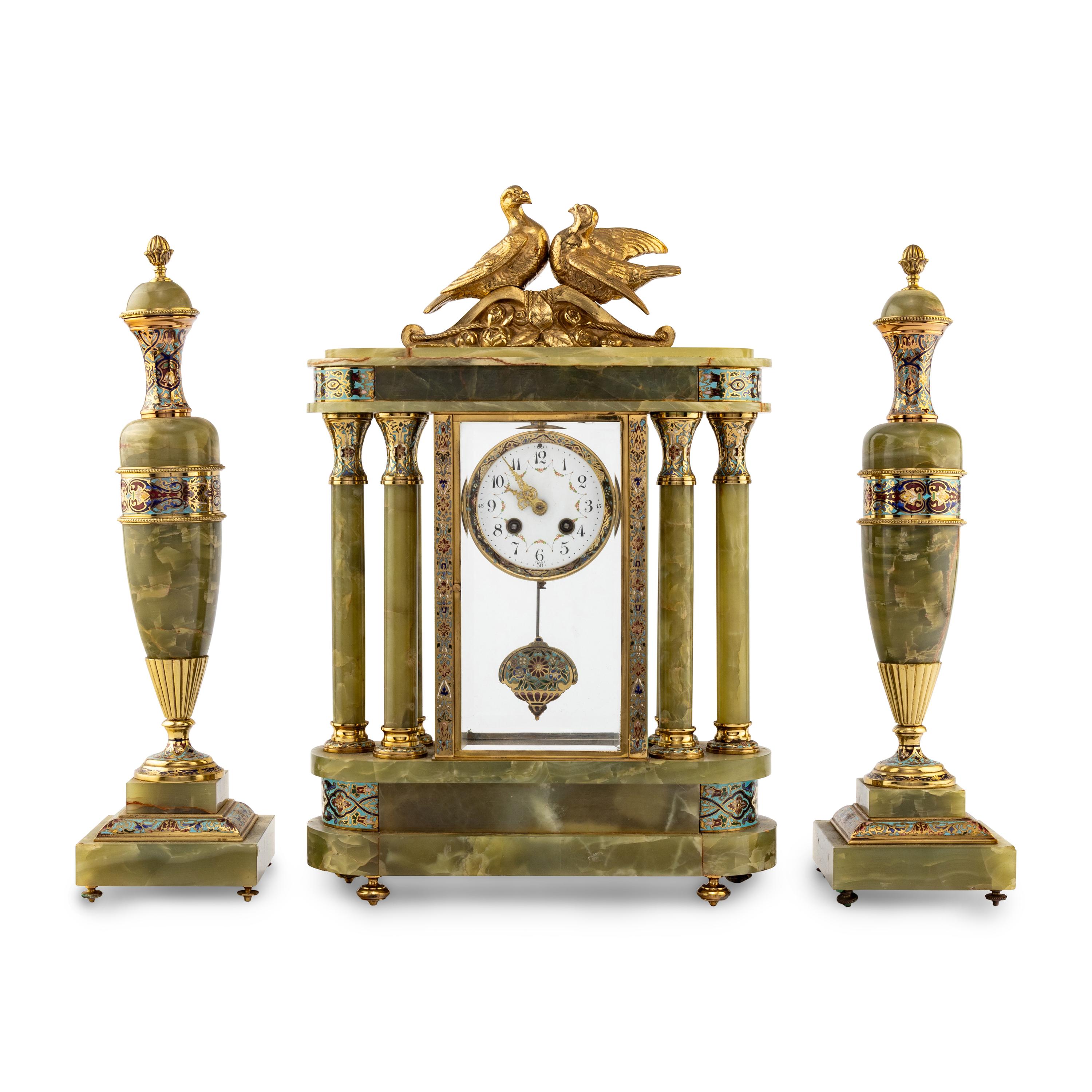 A French Green Onyx, Gilt-Metal and Champlevé Three-Piece Clock Garniture