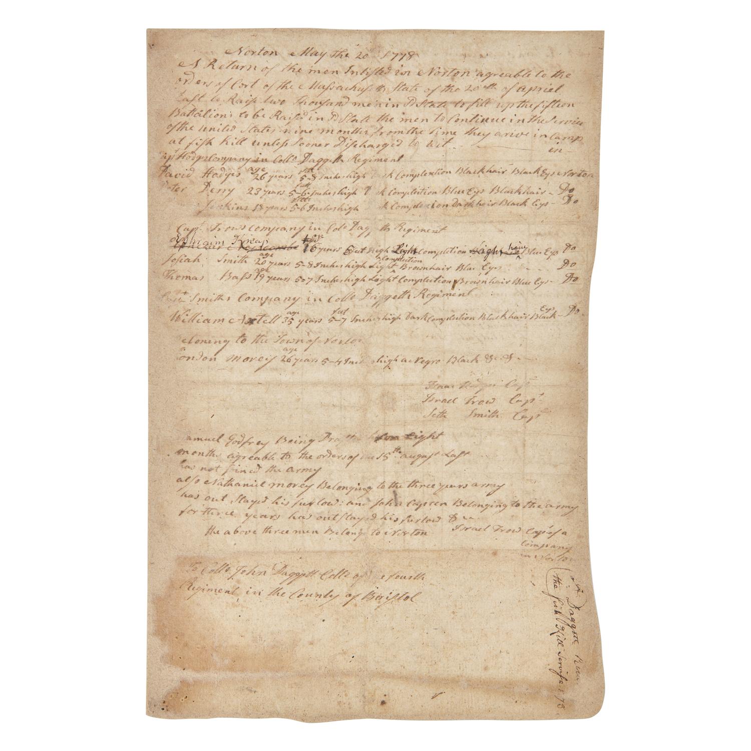 [African-Americana] 1778 Manuscript Continental Army Muster List