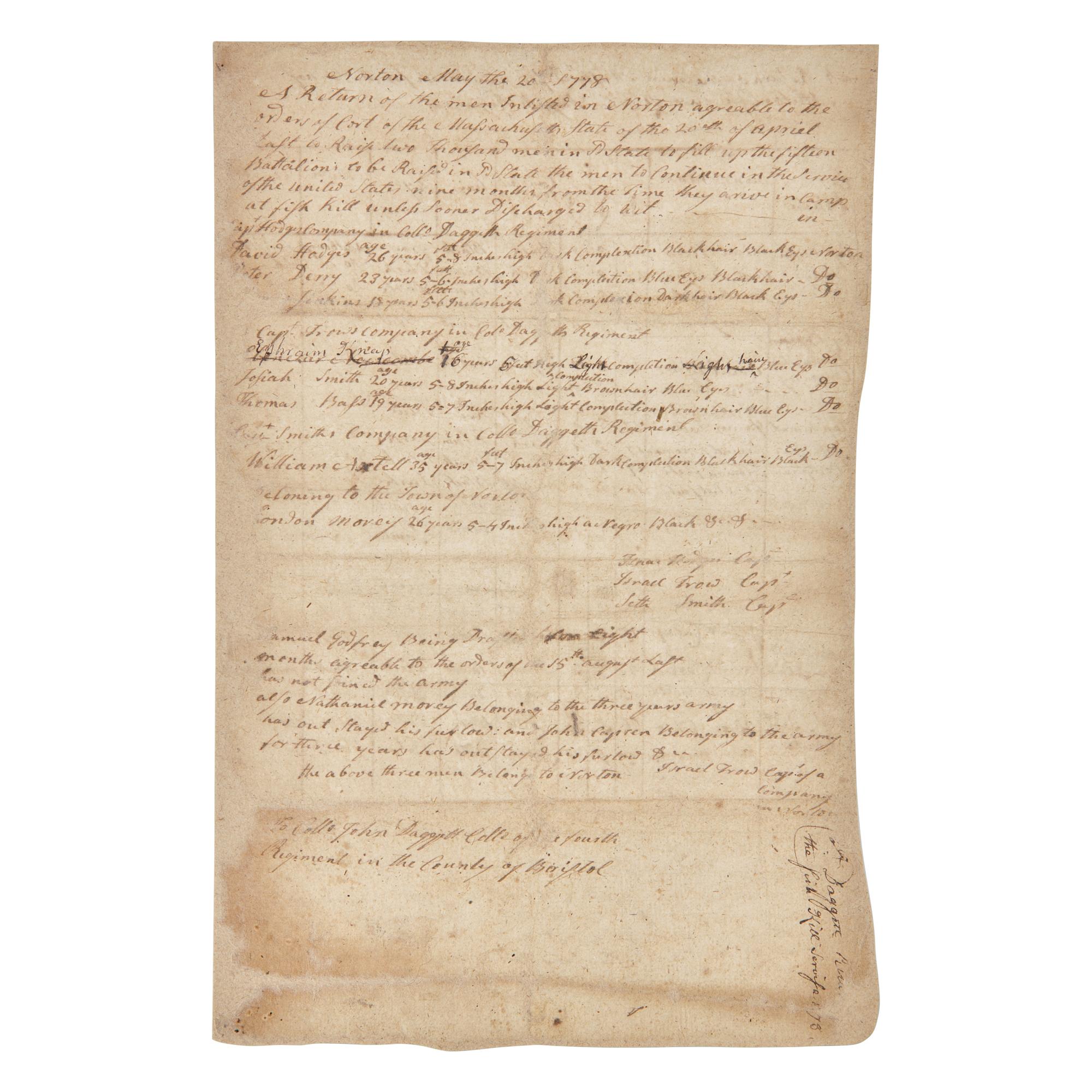 [African-Americana] 1778 Manuscript Continental Army Muster List