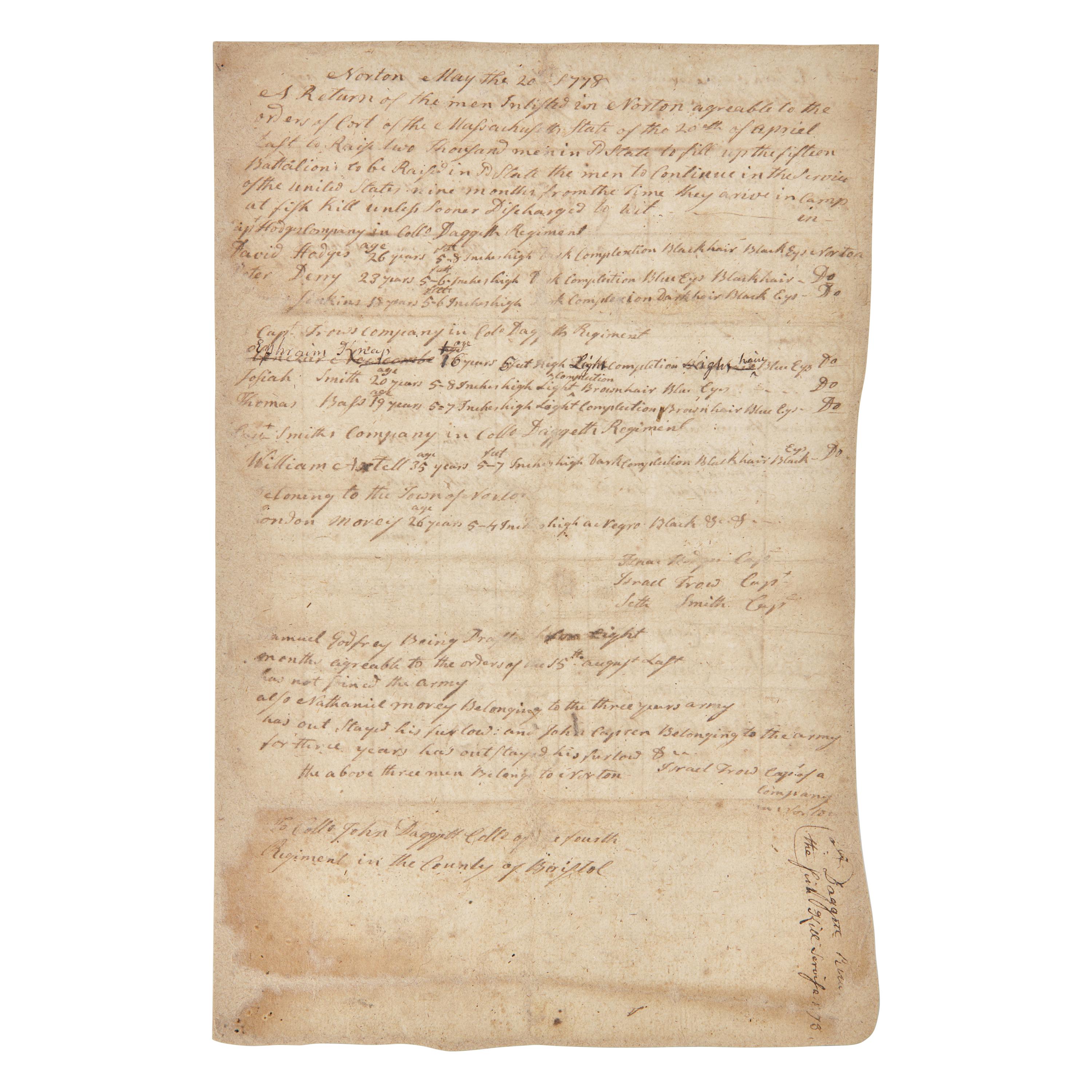 [African-Americana] 1778 Manuscript Continental Army Muster List
